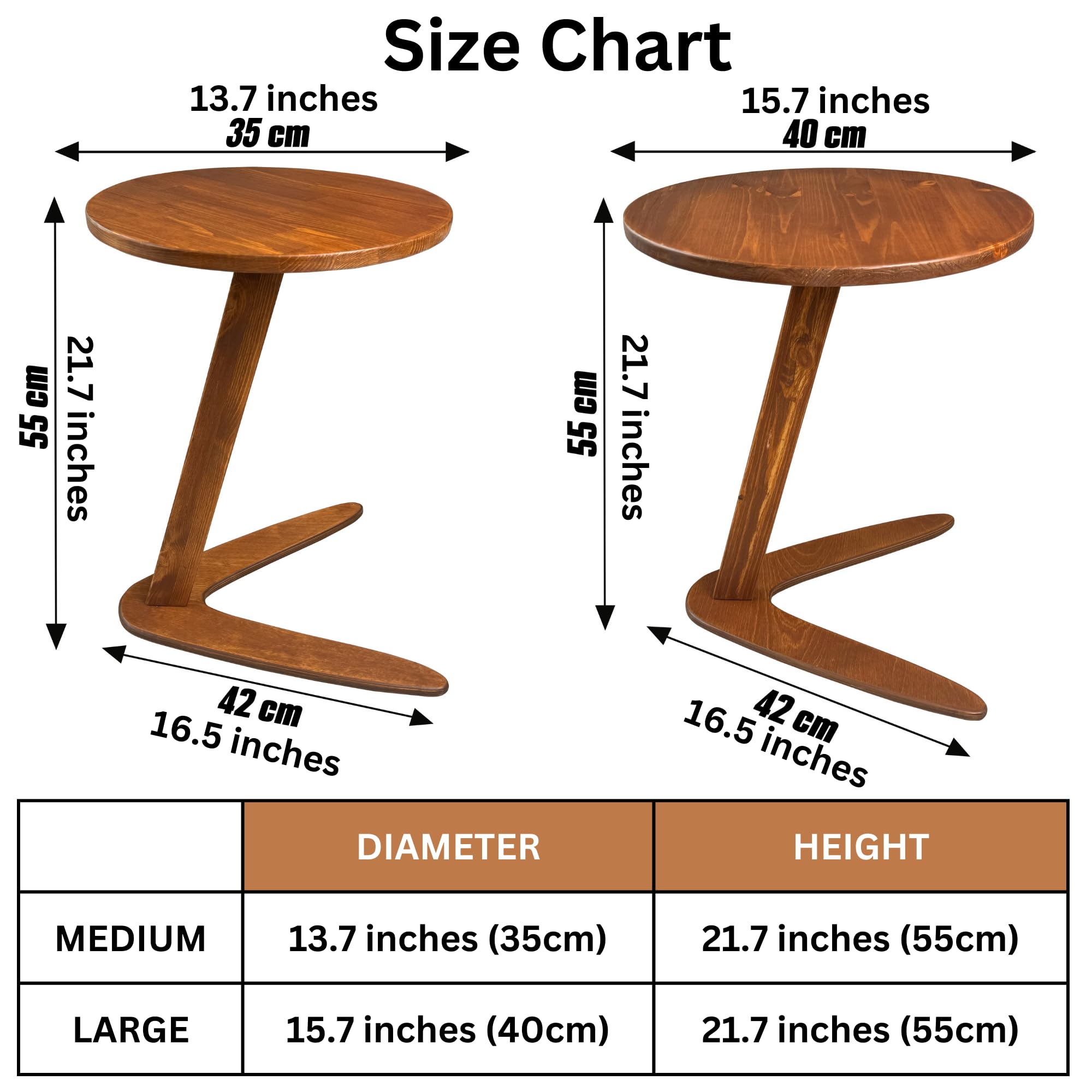 Handmade C-Shaped End Table - Rustic Chestnut Sofa Side Table for Living Room, Sliding Under Couch for Space Saving | Perfect for Small Apartments, Bedside Use & TV Snack Tray