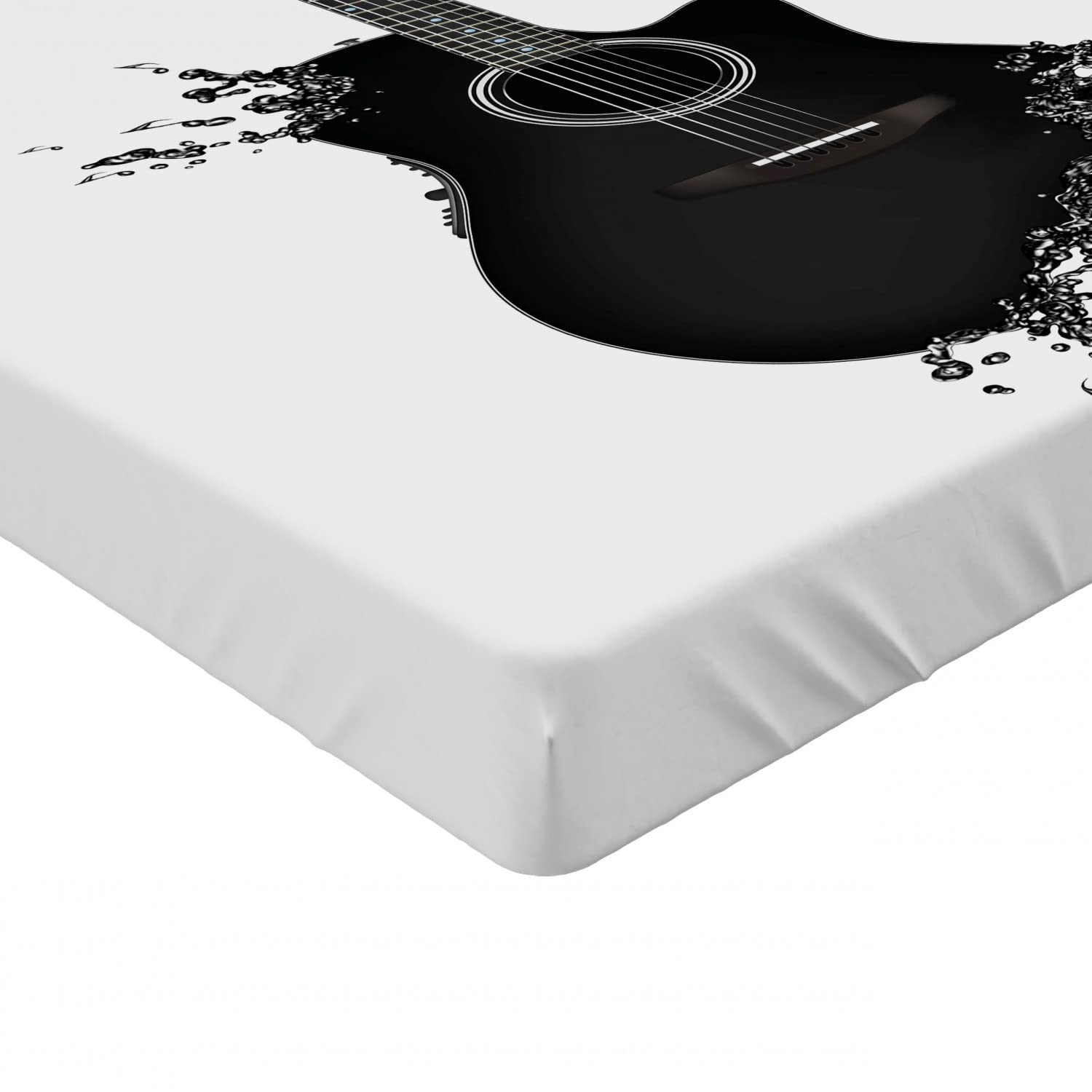 Ambesonne Guitar Fitted Sheet - Full Size Black & White Musical Instrument Design with Deep Pocket Elastic - Perfect for Music Lovers' Bedrooms, Dorms, or Guest Rooms