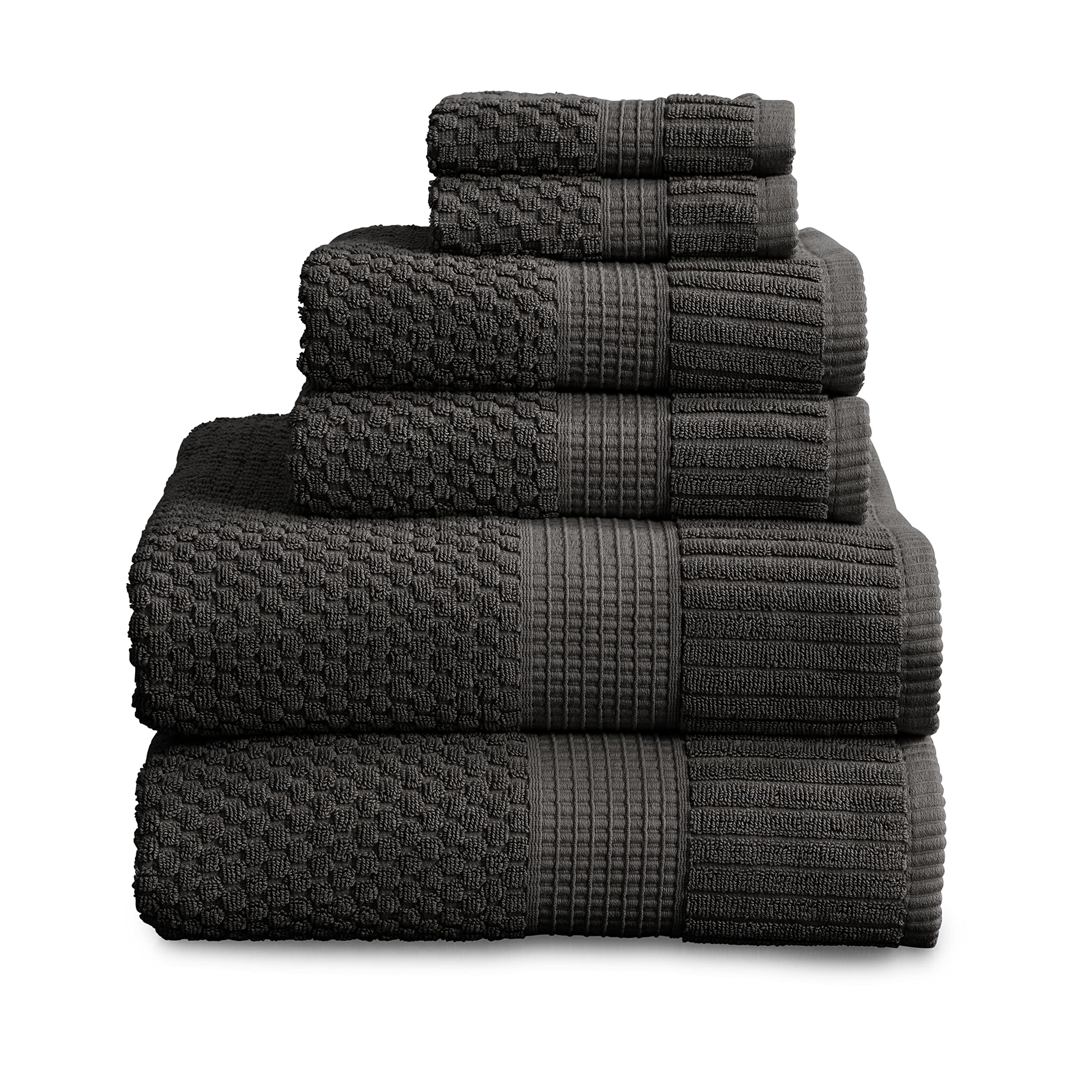 NY Loft 100% Cotton 6-Piece Towel Set - Super Soft & Absorbent Quick-Dry Bath Towels, Hand Towels & Washcloths | Textured Durable Cotton Trinity Collection (Dark Grey) | Perfect for Spa, Bathroom & Guest Room Luxury