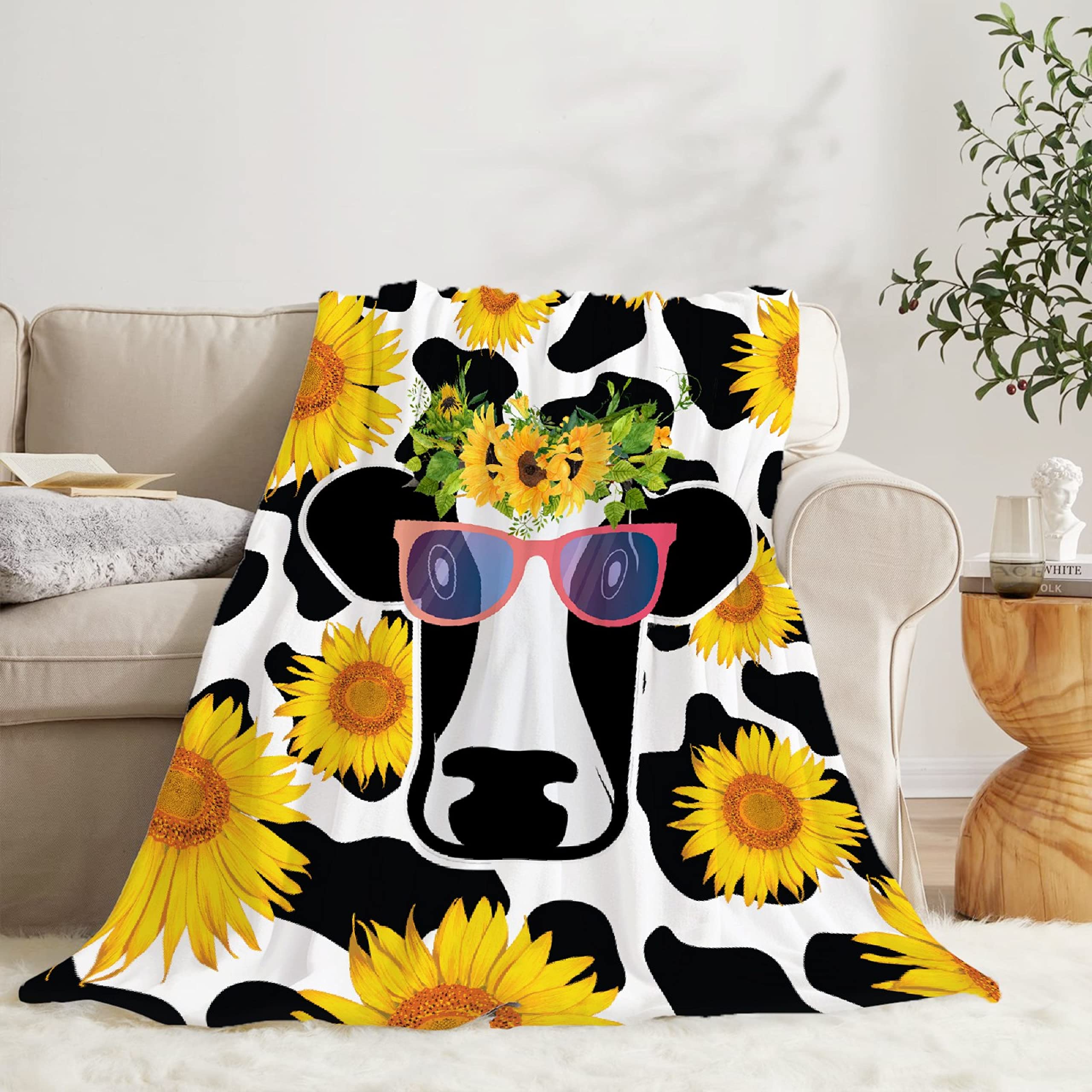 Sunflower Cow Print Plush Throw Blanket - Ultra Soft Lightweight Flannel Fleece Blanket for Baby Girls & Boys, Gifts - 120