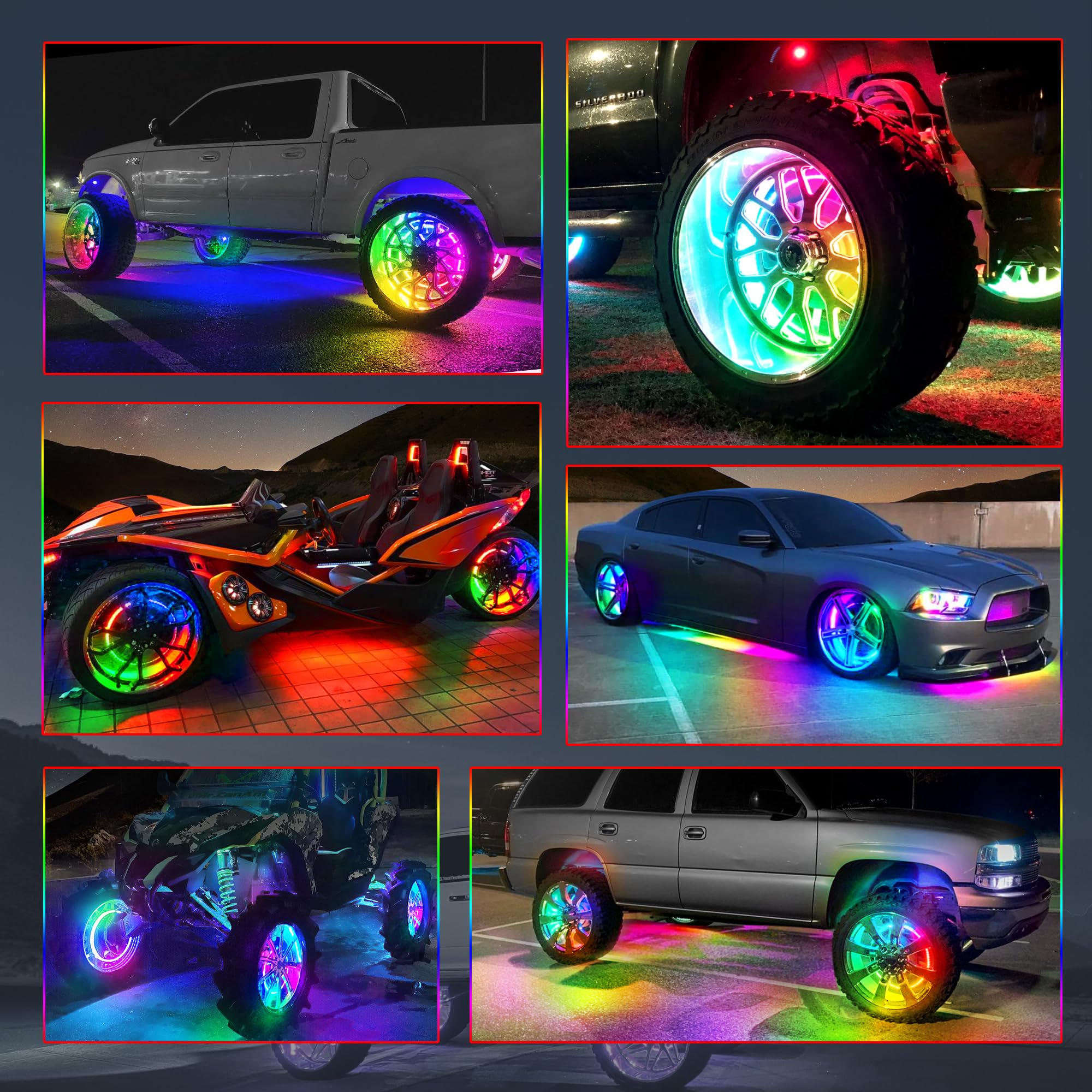 MICTUNING 15-inch RGB+IC LED Wheel Ring Lights Kit with APP Control - Dual-Row Color Chasing Neon Rim Lights for Trucks, SUVs & Cars | Turn Signal & Brake Light Effects | Perfect for Off-Roading, Car Shows & Night Driving