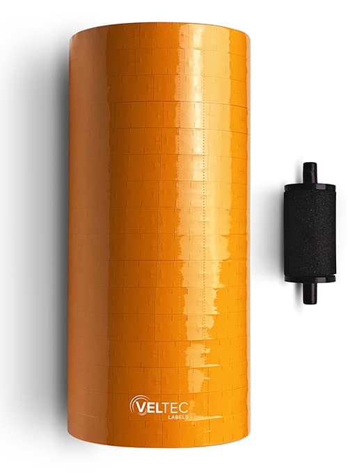 Veltec Premium Pricing Labels for Monarch 1110 Price Gun - 16 Rolls (17,000 Labels) with Ink Roller - Orange Stickers for Retail, Warehouse & Inventory Management
