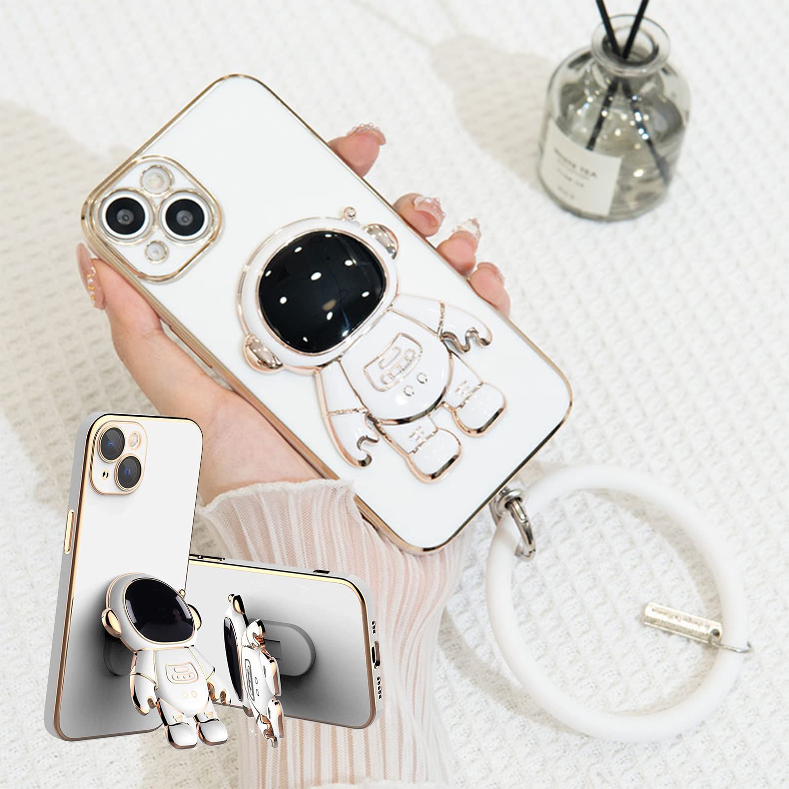IPQYIHF 6D Plating Astronaut Hidden Stand Phone Case for iPhone 7/8 - Shockproof Protective Cover with Lens Protector & Anti-Drop Silicone Bracelet (White) | Perfect for Space Lovers & Everyday Protection