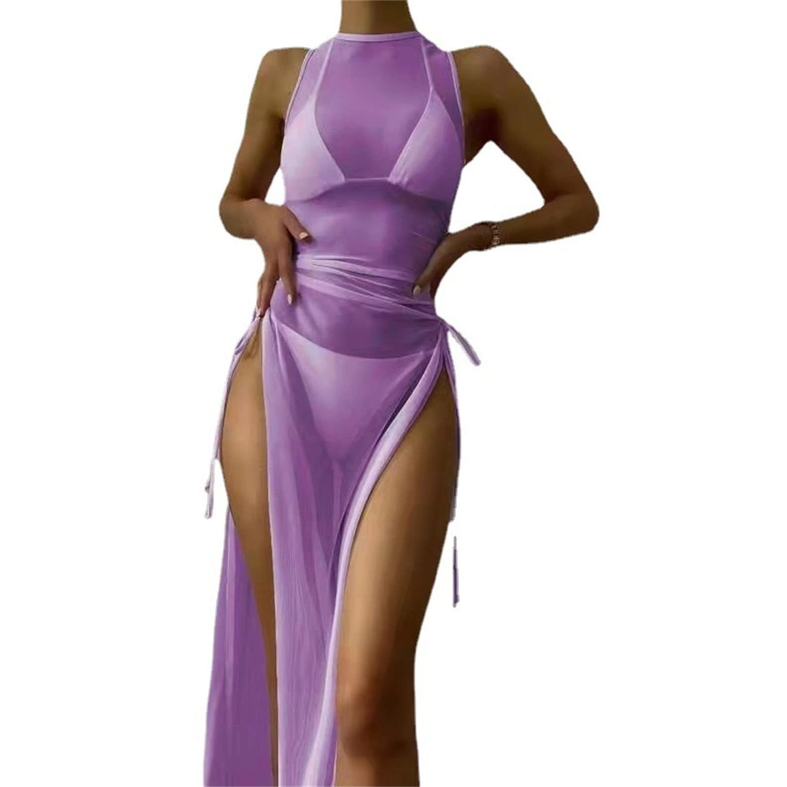 Women's Flowy Chiffon Beach Cover Up Maxi Dress - Sleeveless Tie Waist Bikini Cover Up with Side Slit - Lightweight Long Cardigan for Swimwear & Summer Outfits | Perfect for Beach, Pool, Vacation & Resort Wear