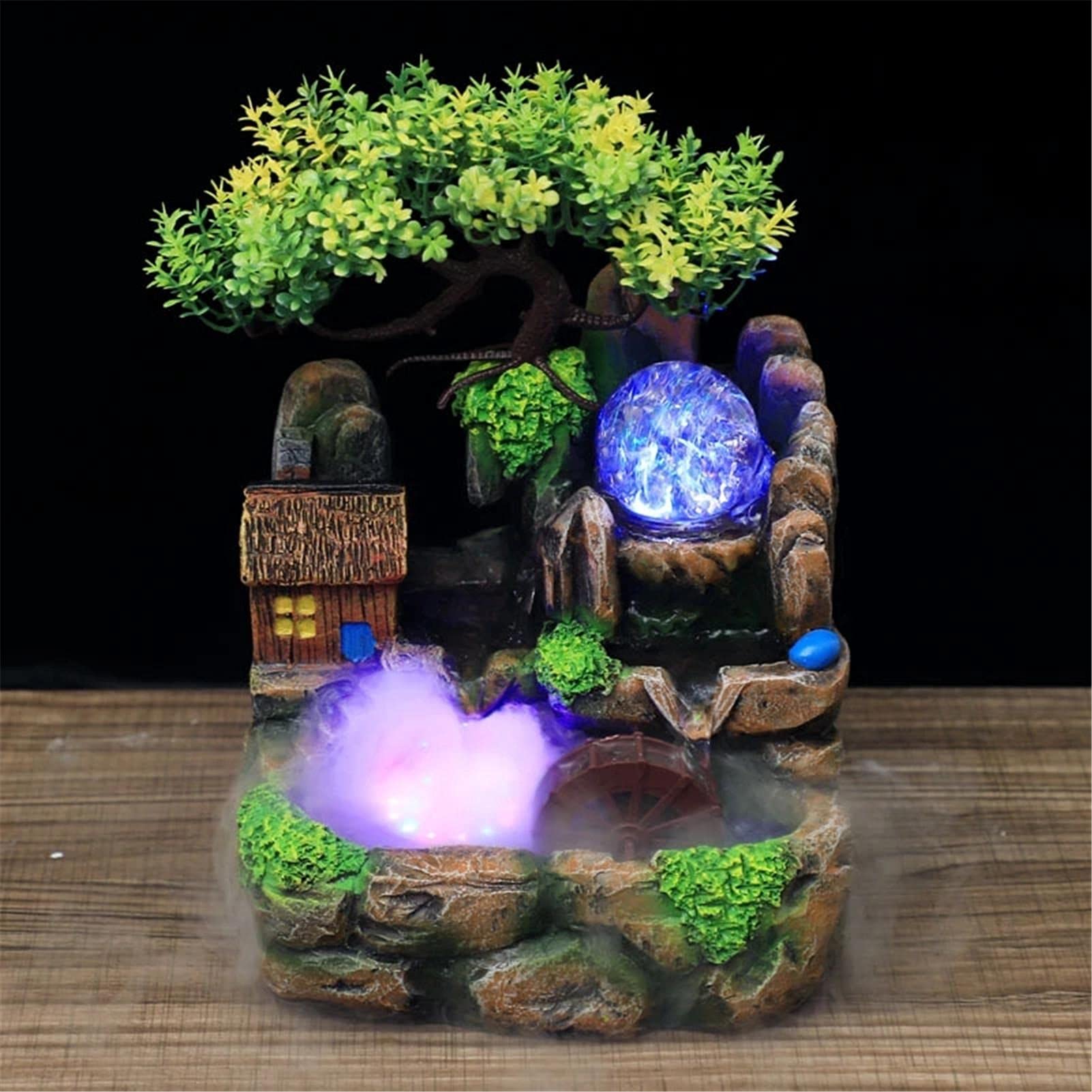 Desktop Waterfall Fountain with LED Lights - Resin Rockery Flowing Water Feature, Feng Shui Lucky Wheel for Office & Home Decor - Perfect for Stress Relief, Meditation Spaces & Zen Home Décor