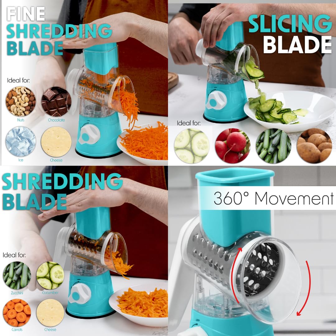 Stainless Steel Rotary Cheese Grater - Hand Crank Kitchen Gadget for Shredding Cheese, Fruits & Vegetables - Includes Brush & Peeler - Perfect for Salads, Pasta & Baking