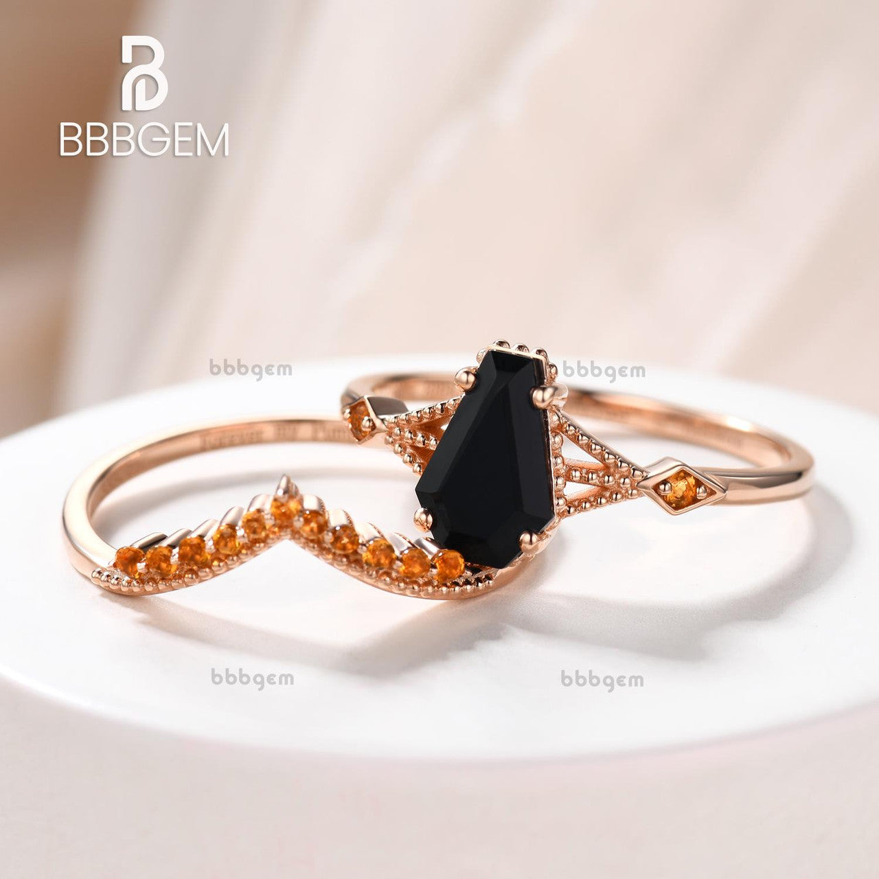 Him Black Spinel Coffin Wedding Ring Set with Yellow Citrine Milgrain Curve Band in Gold - Elegant Gothic Bridal Jewelry for Alternative Weddings & Dark Romance