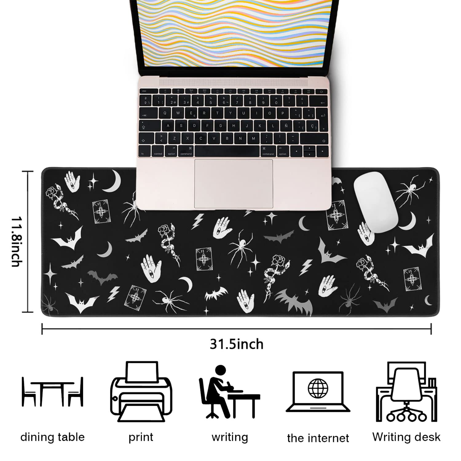 Gothic XL Gaming Mouse Pad - Black & White Spider Bat Design, Large Extended Mouse Mat (31.5x11.8 Inch) for PC & Laptop - Perfect for Halloween Decor, Goth Desk Accessories & Gaming Setup