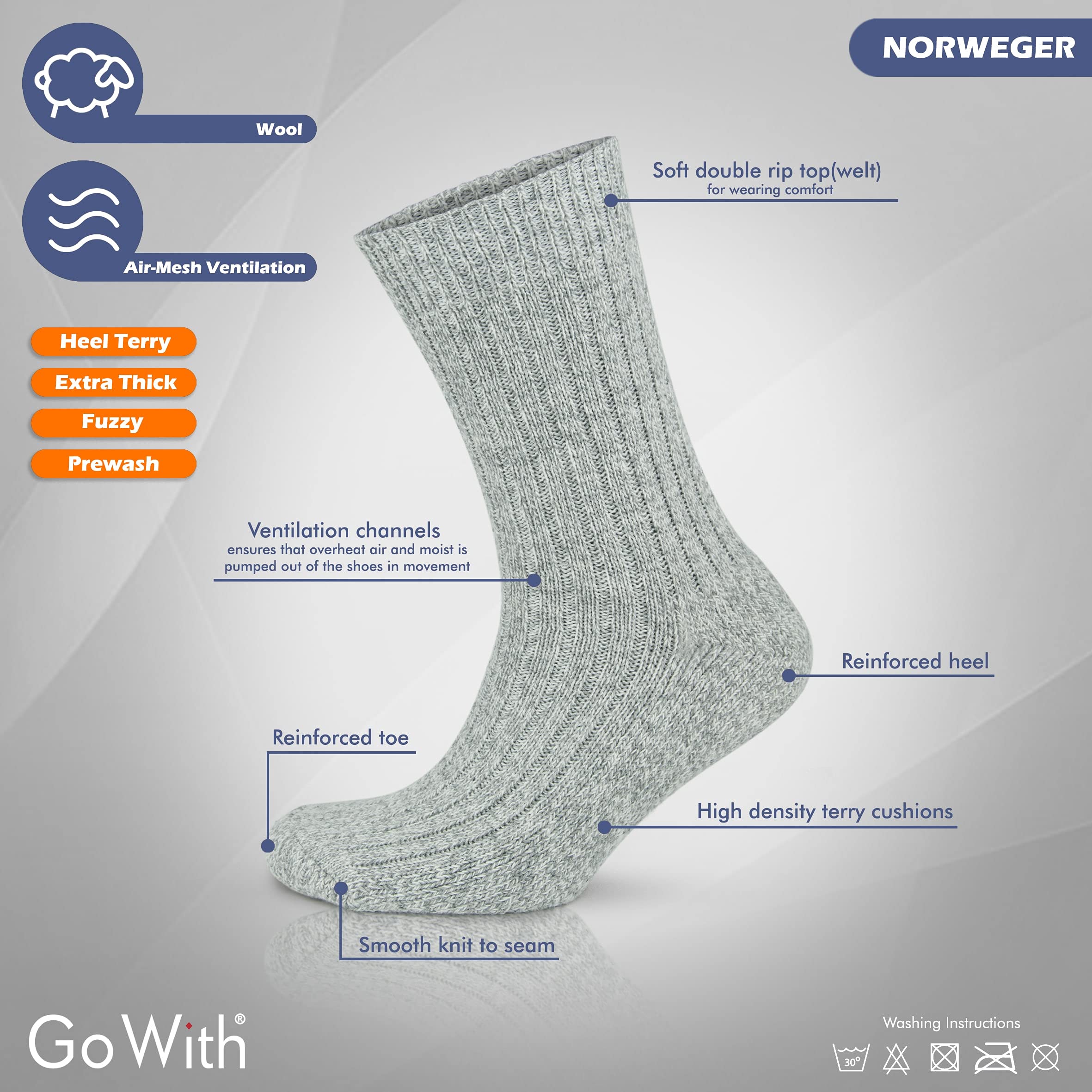 GoWith 3 Pairs Men's Thick Merino Wool Socks - Warm Winter Crew Socks for Hiking, Skiing & Outdoor Activities | Thermal Full-Terry Fuzzy Knit Socks for Cold Weather Comfort