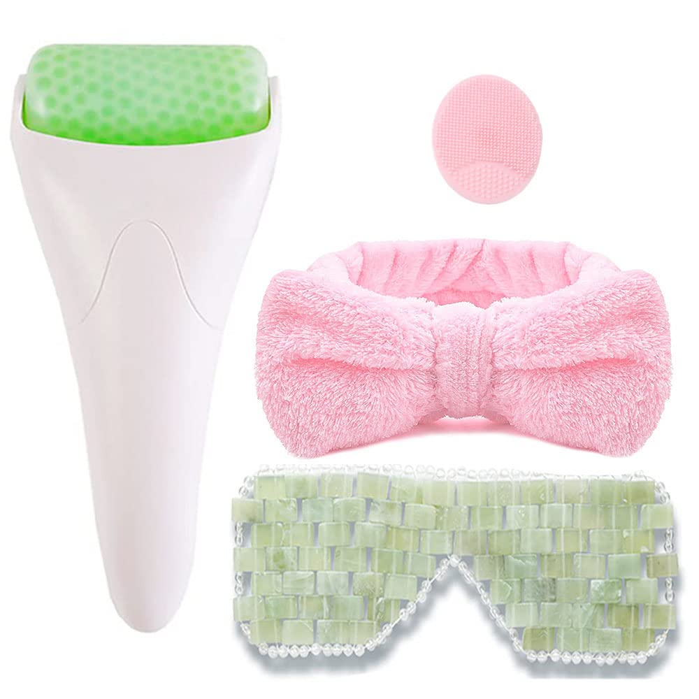 Jade Facial Ice Roller & Eye Masks Set - Cold Therapy for Puffiness Reduction, Skin Tightening & Face Lifting - Perfect for Morning Skincare Routine & Post-Workout Recovery