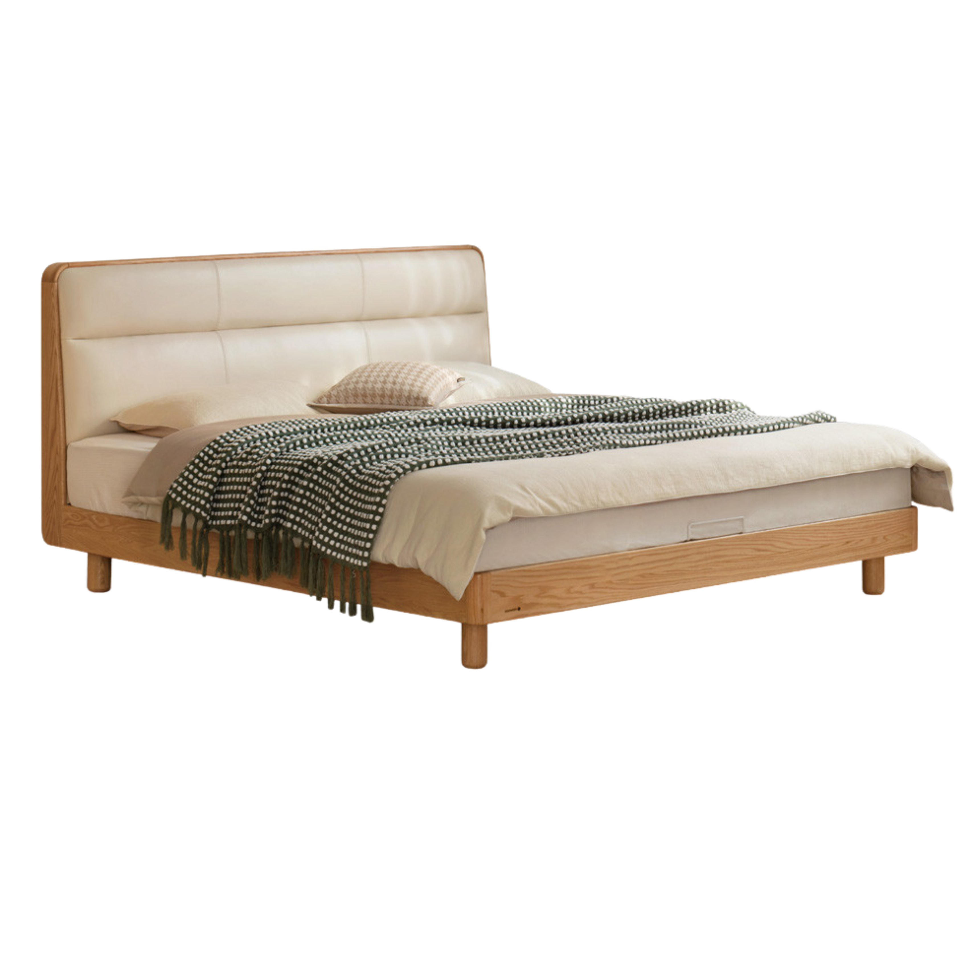 Solid Oak Wood Genuine Leather Upholstered Soft Bed - Perfect for Master Bedroom, Guest Room & Cozy Home Decor