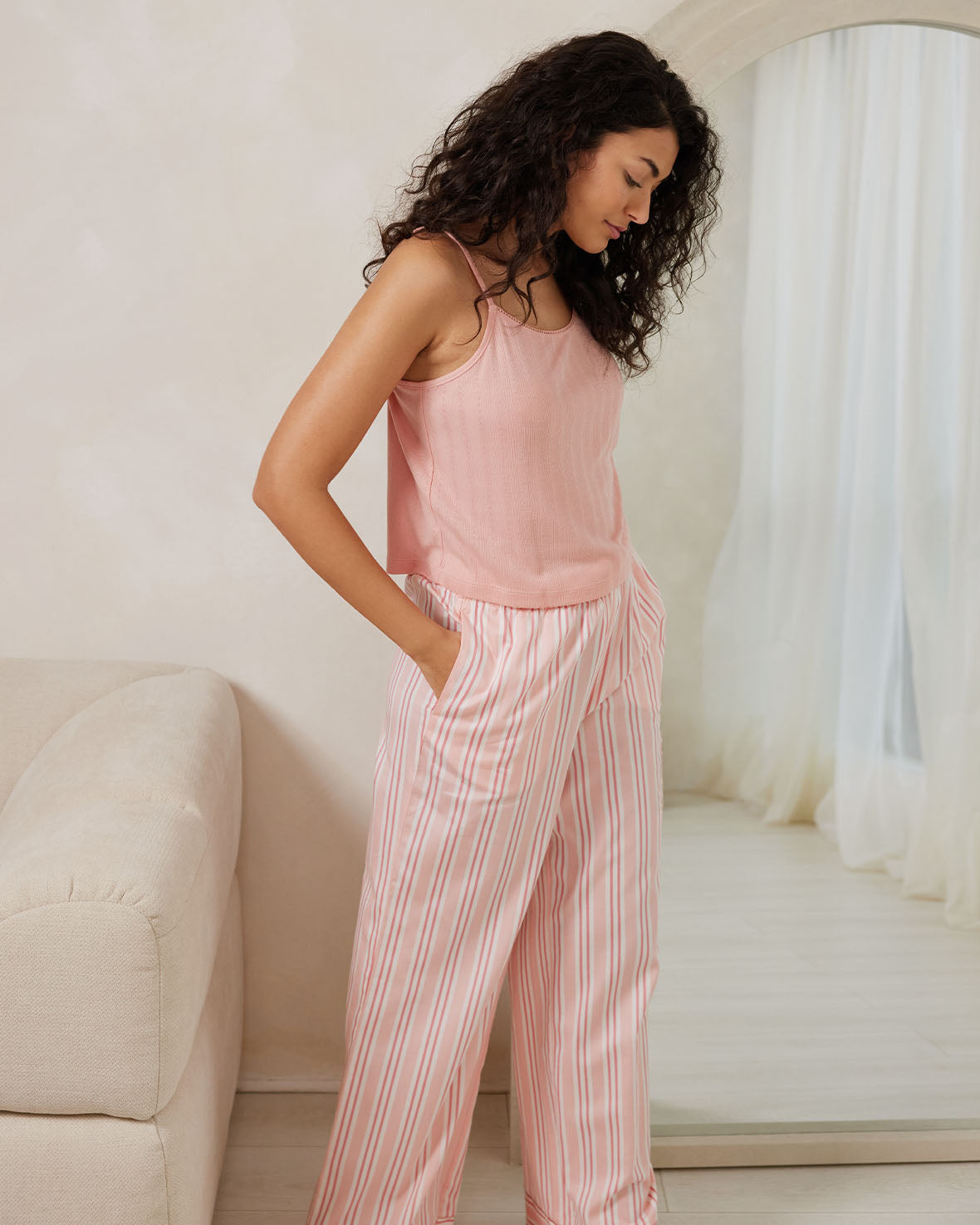 Pointelle Cami Long Pajama Set for Women - Soft & Comfortable Sleepwear for Nighttime Relaxation & Lounging