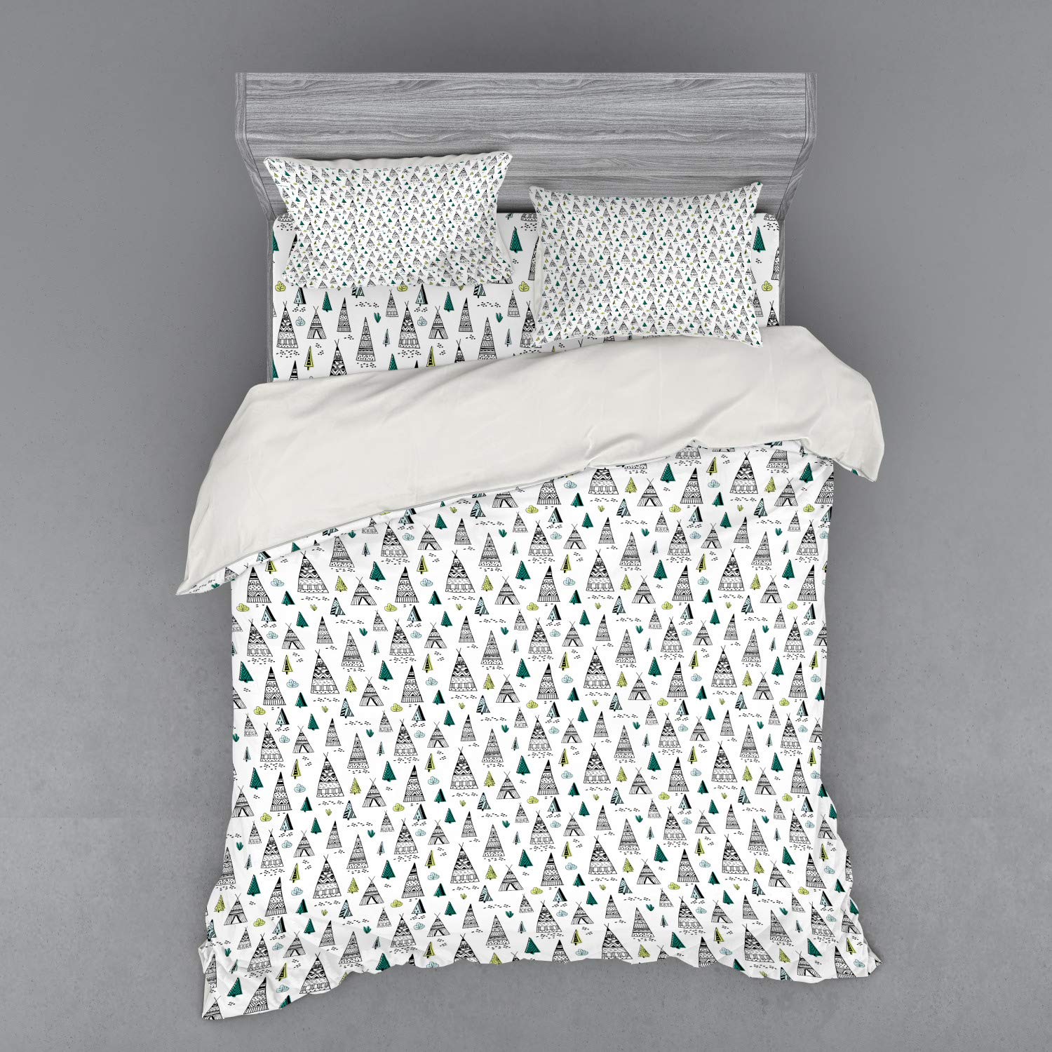 Ambesonne Tribal Bedding Set - Queen Size 4-Piece Duvet Cover with Shams & Fitted Sheet | Wigwam Tent & Tree Pattern in Black, Teal, Avocado Green & Pale Blue | Bohemian Bedroom Decor for Guest Rooms & Vacation Homes