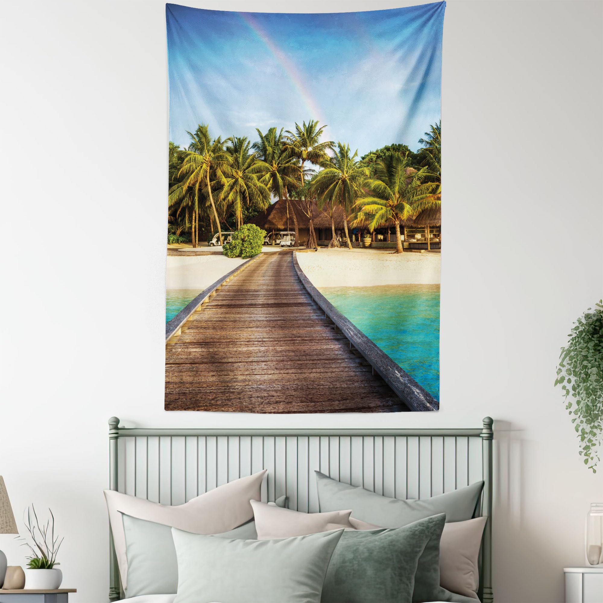Ambesonne Beach Tapestry Wall Art - Wooden Bridge to Tropical Island with Rainbow Over Palm Trees - 40x60 Inch Brown Green Wall Hanging for Bedroom, Living Room, Dorm Decor - Perfect for Beach House, Boho Room & Vacation Themed Spaces