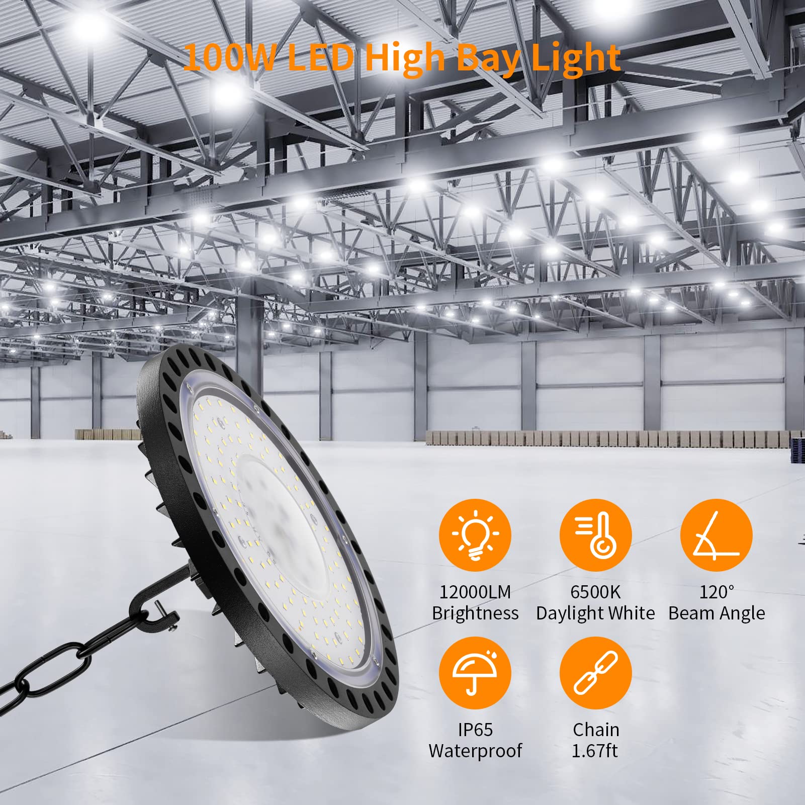 4-Pack 100W 110V UFO High Bay LED Lights - 10,000LM 5000K Daylight, IP66 Waterproof Commercial Lighting for Warehouse, Shop, Garage & Industrial Spaces | Energy-Efficient LED Bay Fixture with No Plug