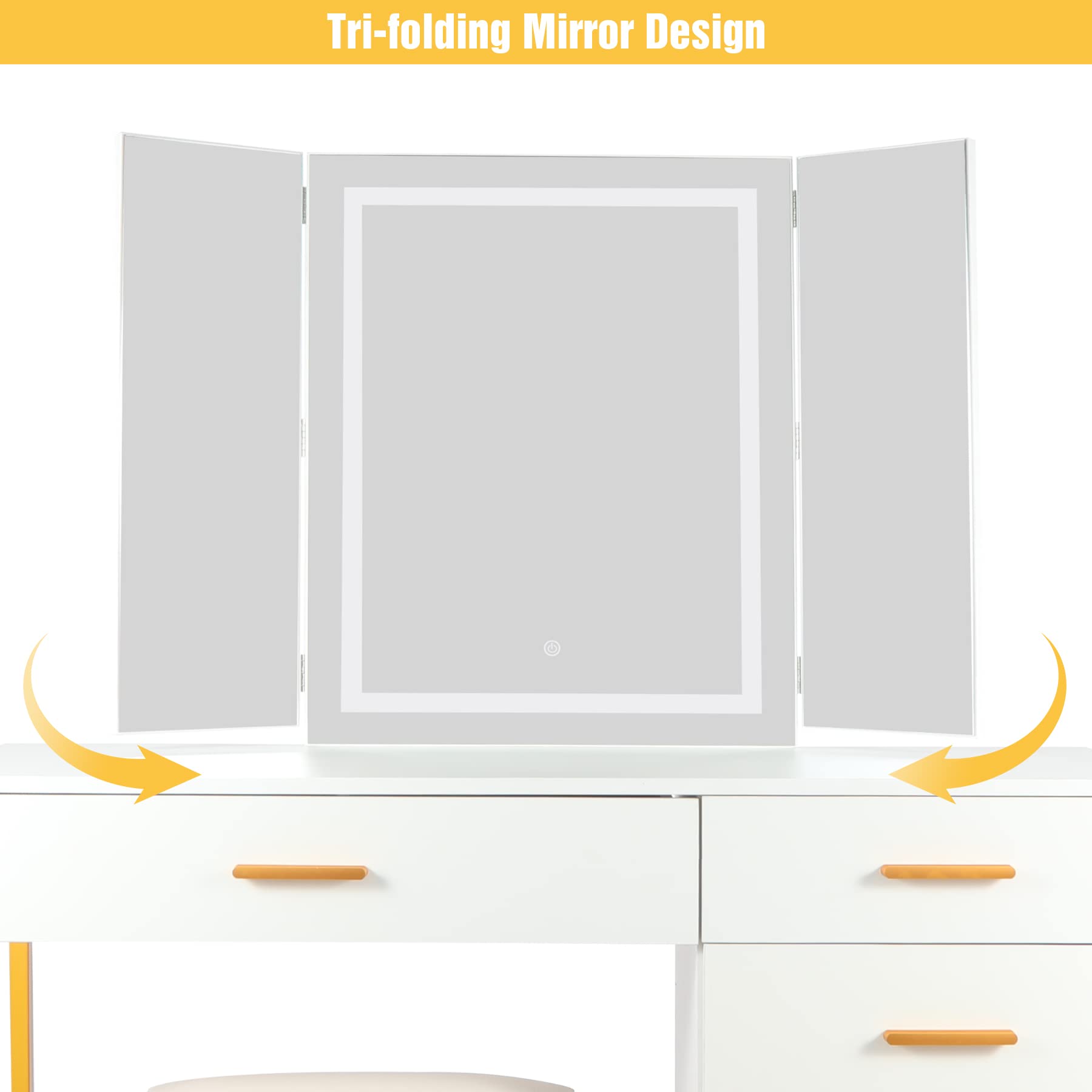 43'' Gold and White Makeup Vanity Table Set with 3 Mirrors & LED Lights, Vanity Desk with Cushioned Stool & 5 Drawers, Storage Shelves for Bedroom - Perfect for Dressing Room, Beauty Salon & Home Decor