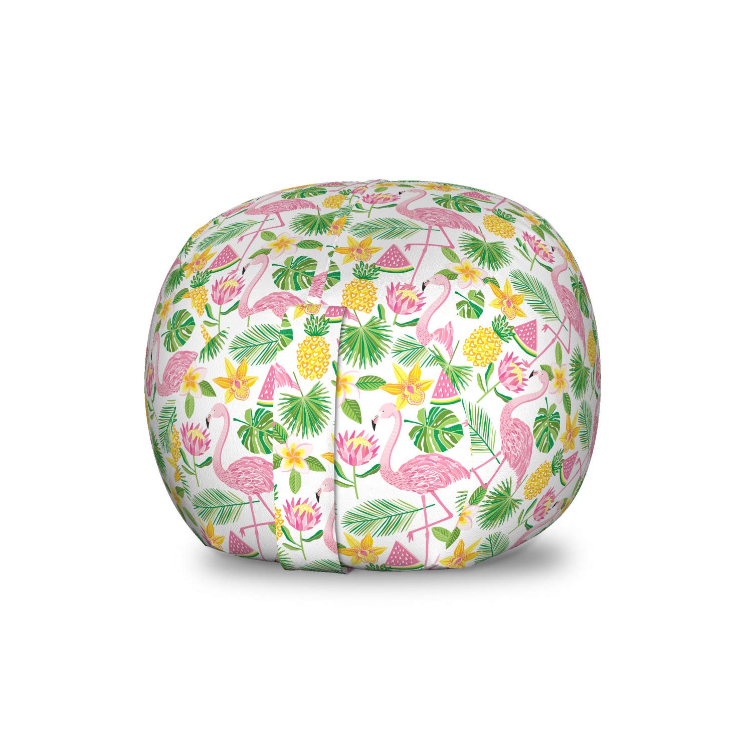 Ambesonne Exotic Flamingo Watermelon Pineapple Storage Toy Bag Chair - Stuffed Animal Organizer with Tropical Island Flower Leaf Print - Washable Small Size in Pink Green Mustard - Perfect for Kids' Room, Playroom & Nursery Organization