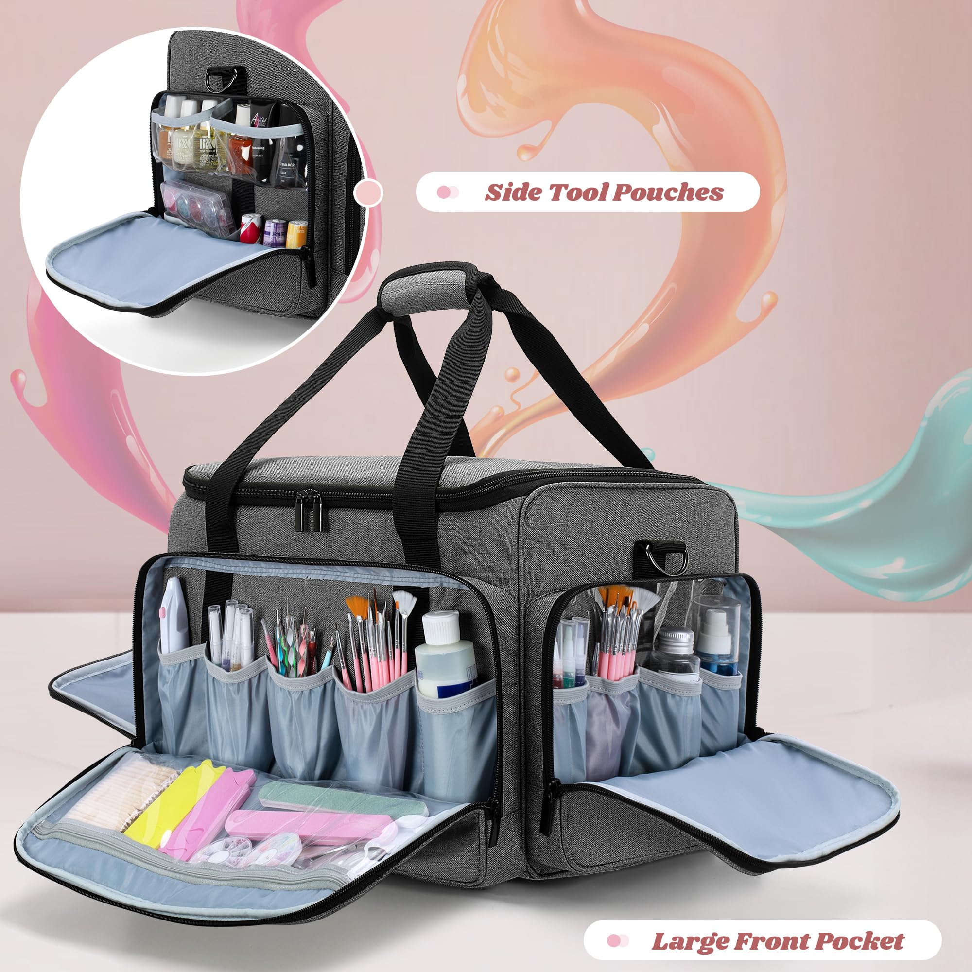Luxja Portable Nail Polish Organizer Bag with Wheels - Holds 90 Bottles & Nail Lamp, Detachable Trolley Storage Case for Salon & Home Use (Grey) | Perfect for Professional Nail Technicians & DIY Manicures