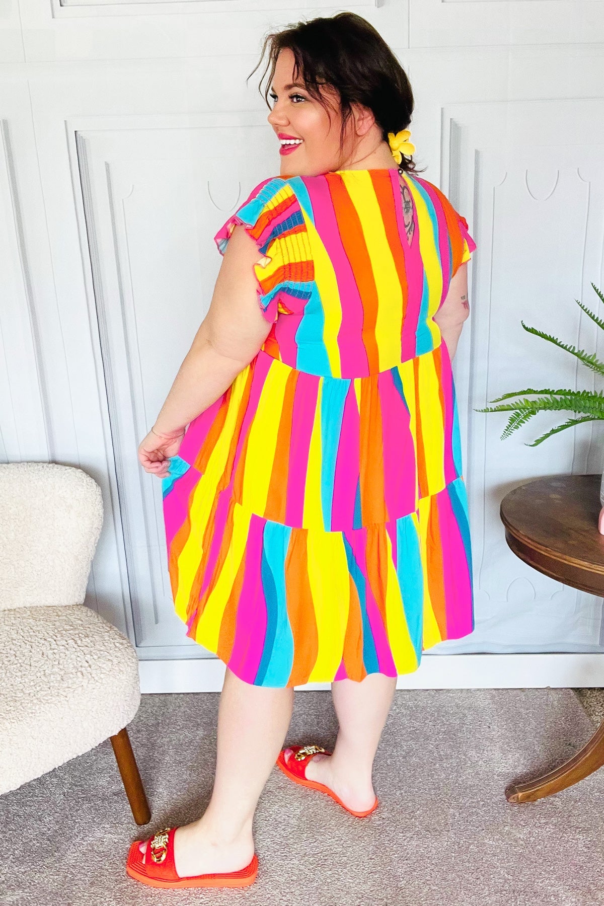 Eyes On You Multicolor Abstract Print Smocked Ruffle Sleeve Dress for Women | Flowy Summer Dress for Beach, Party & Date Night