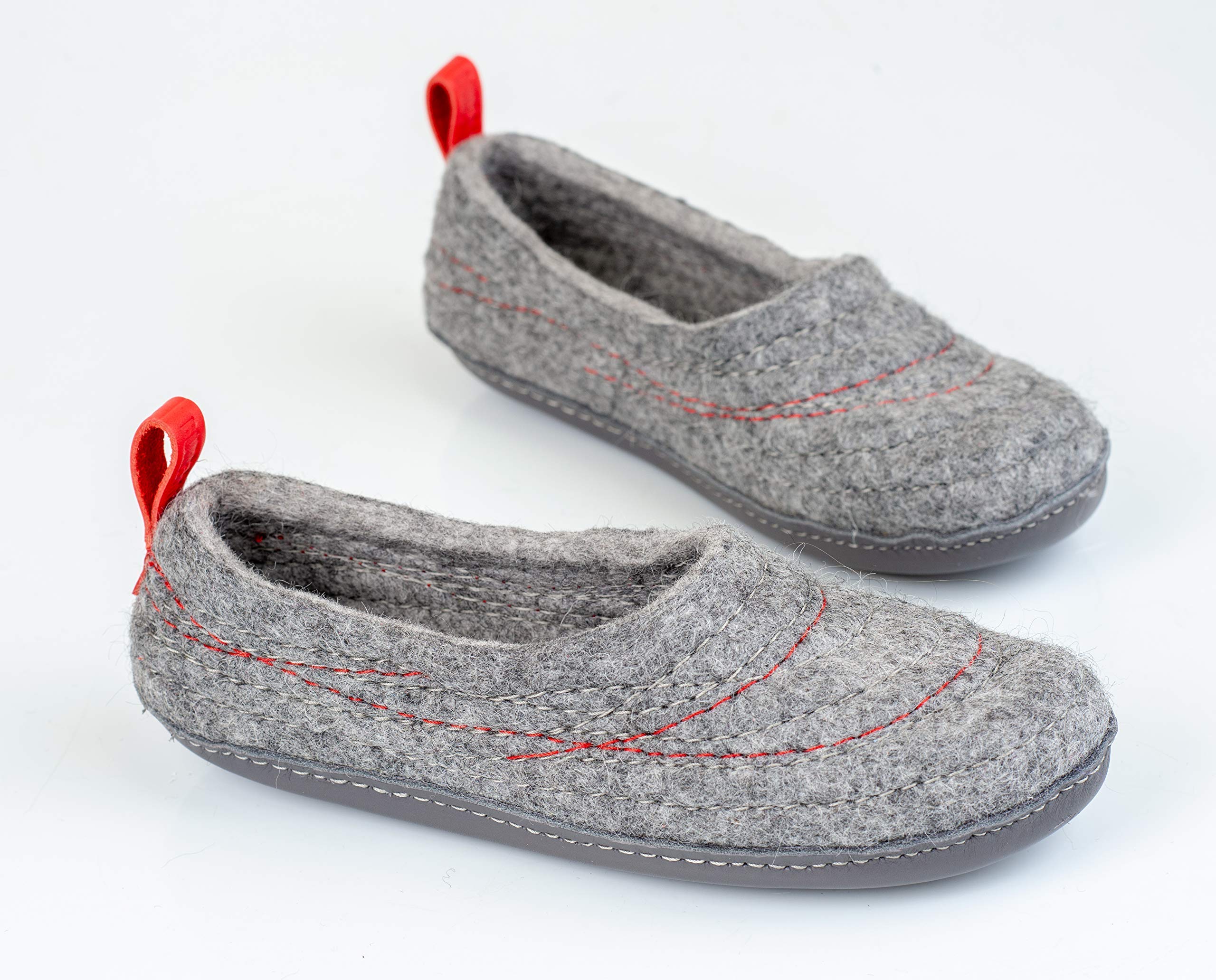 Warm Wool Slippers with Embroidered Design & Red Pull Loop - Handmade in Europe - Cozy House Shoes for Women - Perfect Mother's Day Gift for Her