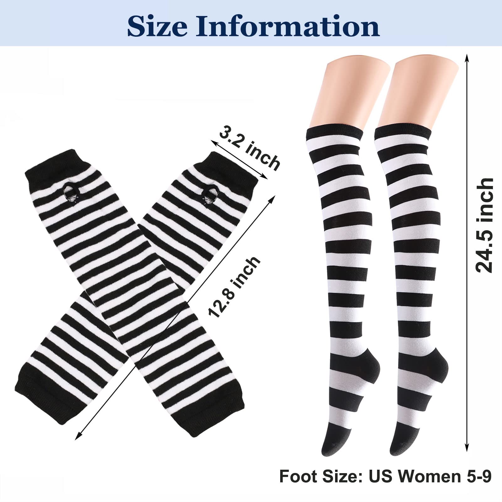 IBEAUTI 8-Piece Women's Striped Knee-High Socks & Stockings Set with Y2K Goth Knitted Long Arm Warmers & Fingerless Gloves - Perfect for Winter Fashion, Cosplay, and Retro Outfits
