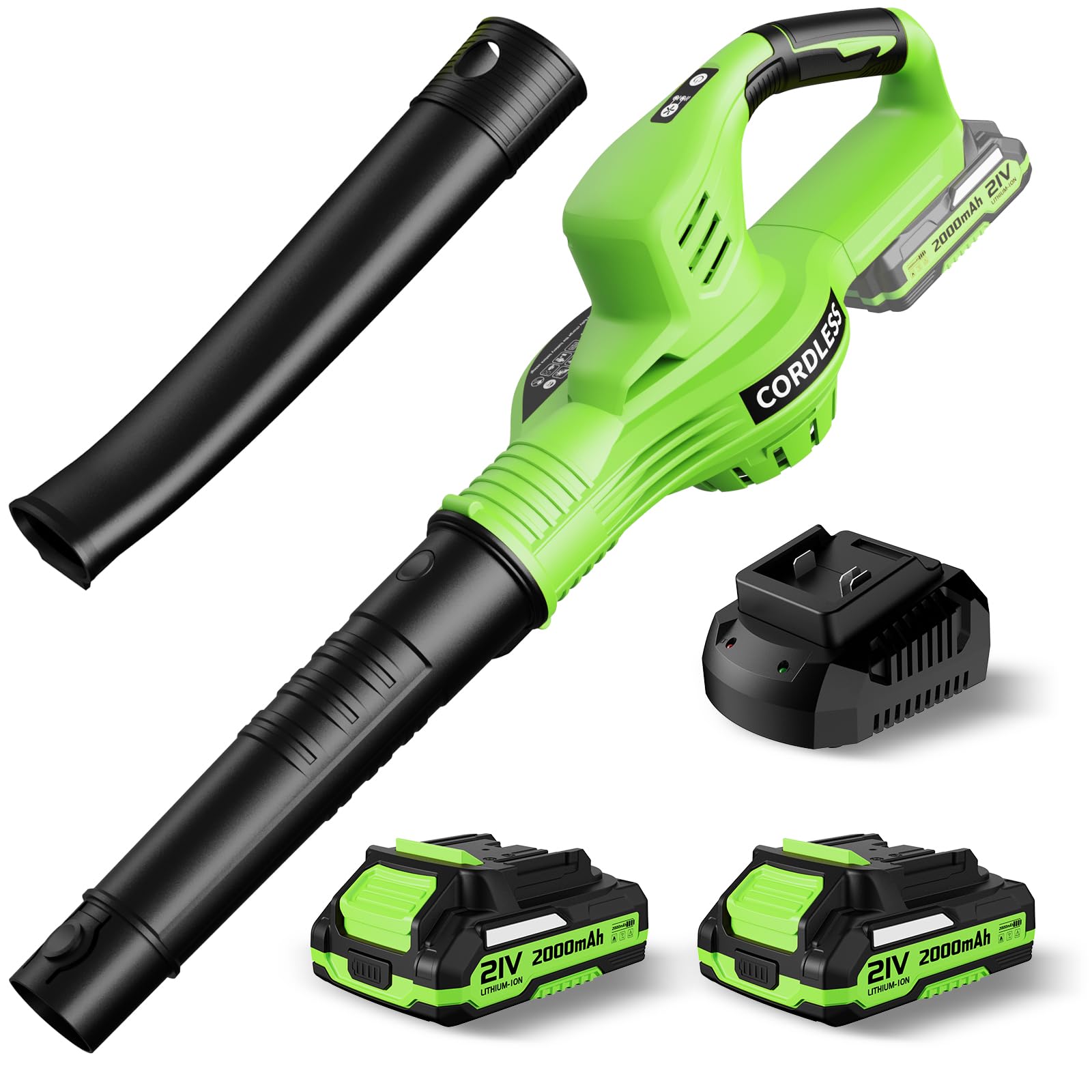 21V Cordless Leaf Blower with 2 Batteries & Charger - 2 Speed Modes, Lightweight 2.0Ah Battery - Electric Leaf Blower for Lawn Care, Patio Cleaning, Yard Debris Removal - Perfect for Fall Leaves, Driveway Cleaning and Garden Maintenance