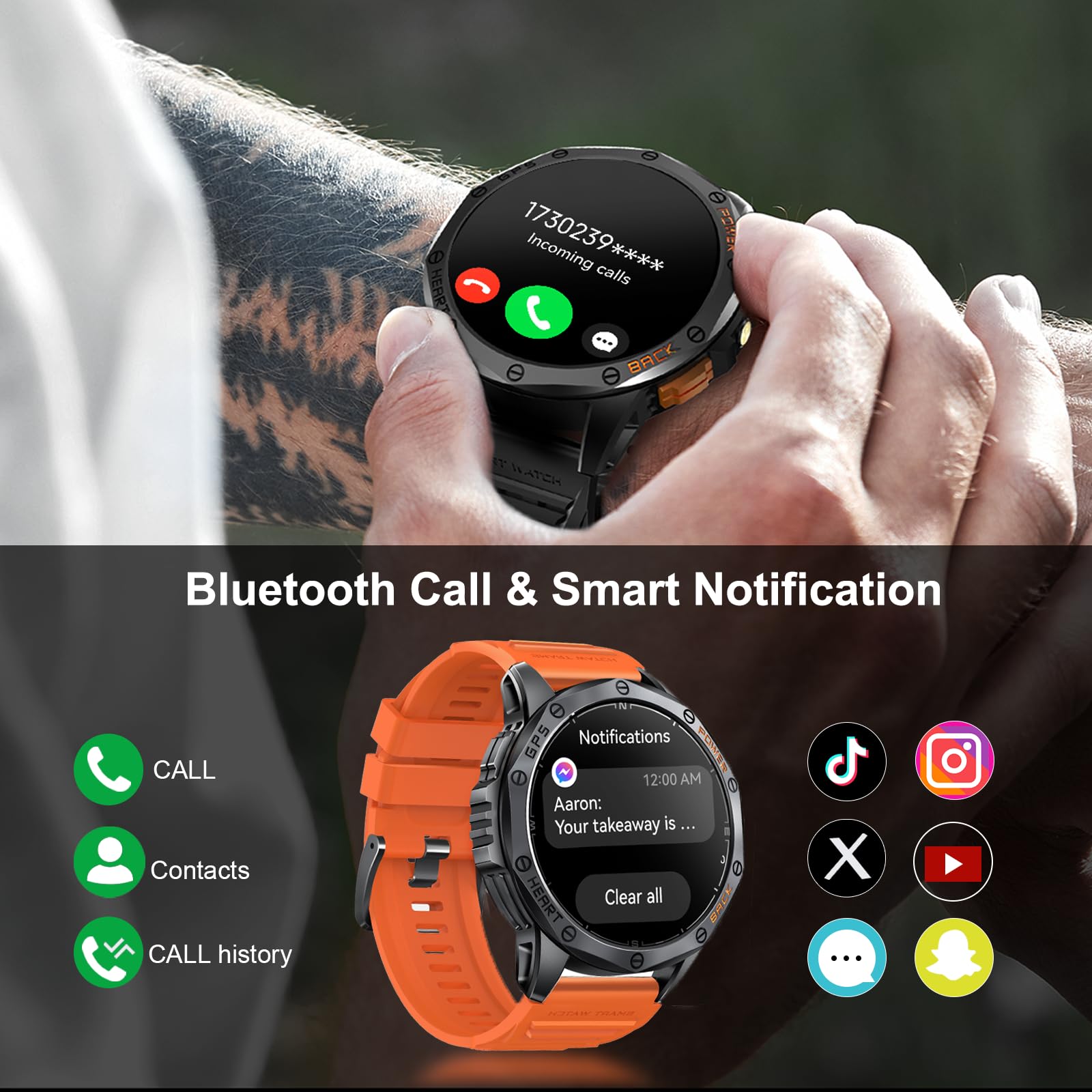Military Smart Watch for Men - Built-in GPS, 170+ Sport Modes, AMOLED Display with Flashlight | Compatible with Android & iPhone | Bluetooth Calling, Altimeter, Barometer | Perfect for Outdoor Activities, Hiking & Fitness Tracking