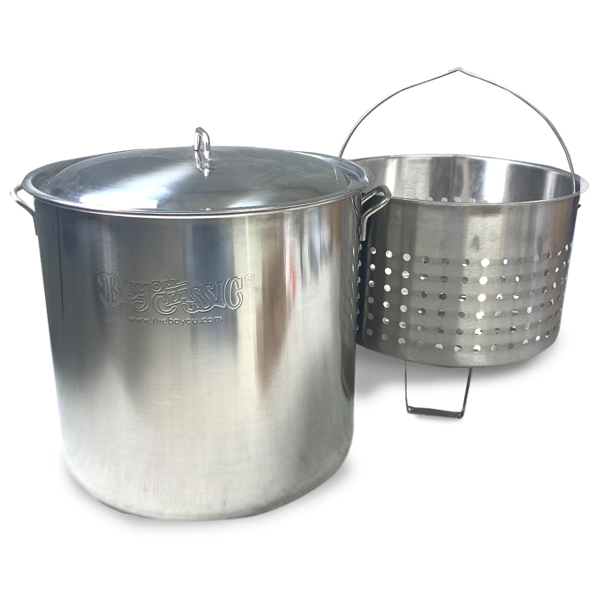 Bayou Classic 1192 82-Quart Stainless Steel Bayou Boiler with Elevated Steam Basket - Includes Lid & Perforated Stainless Basket with Helper Handle - Perfect for Outdoor Cooking, Seafood Boils, and Large Gatherings