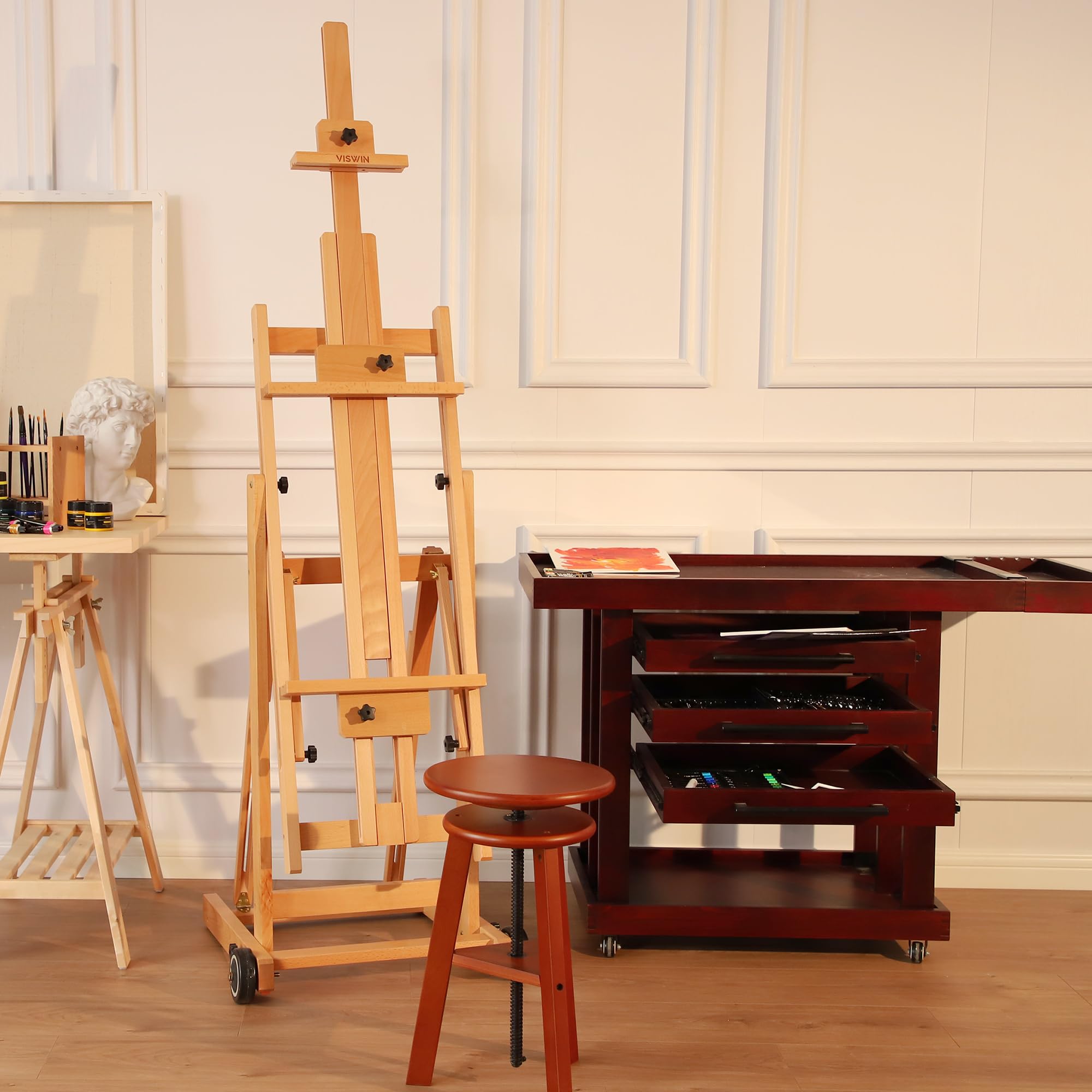 VISWIN Adjustable Beech Wood H-Frame Easel - Collapsible Floor Art Stand for 1-2 Canvases Up to 78