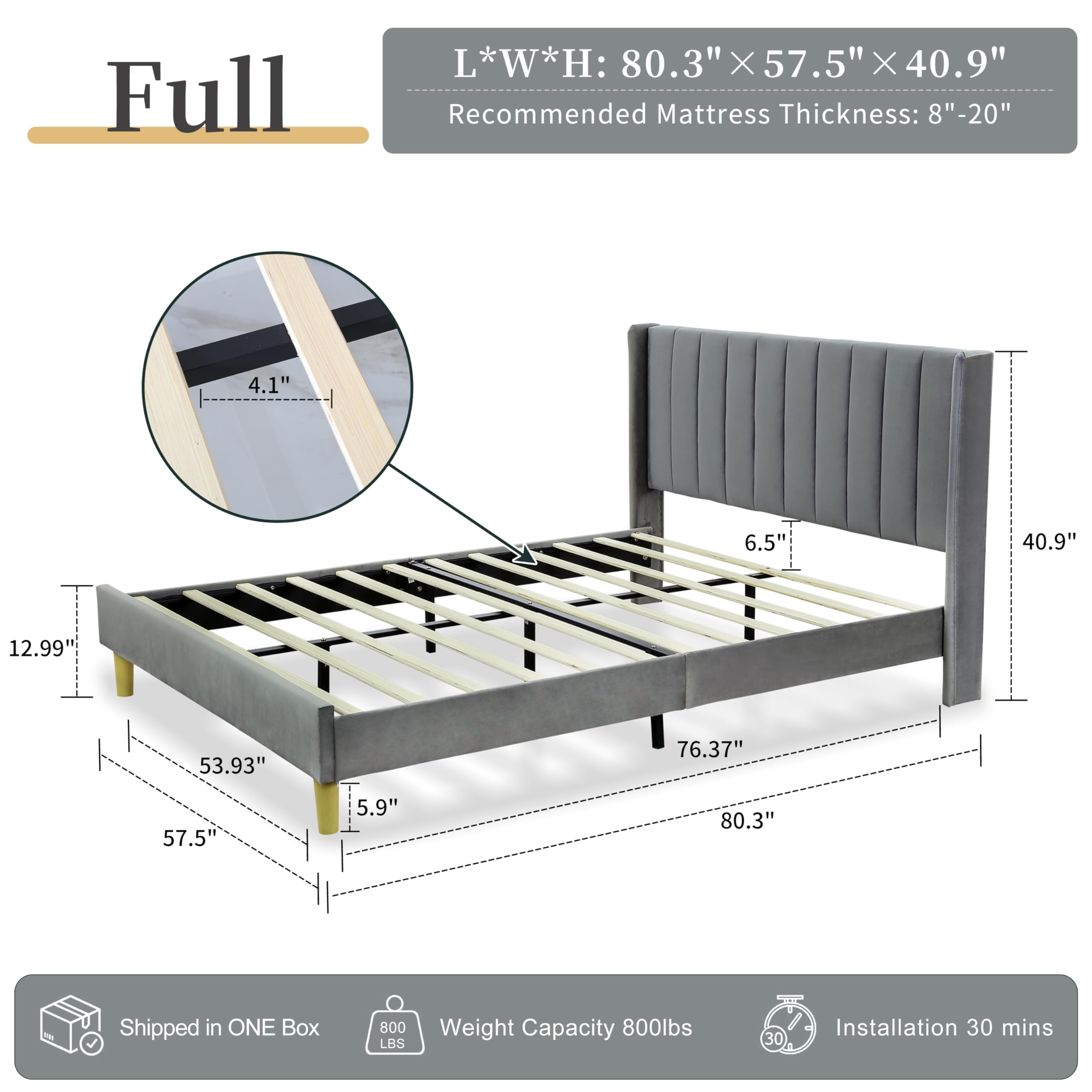 Grey Upholstered Platform Bed Frame - Full Size, Wood Slat Support, No Box Spring Needed for Bedroom