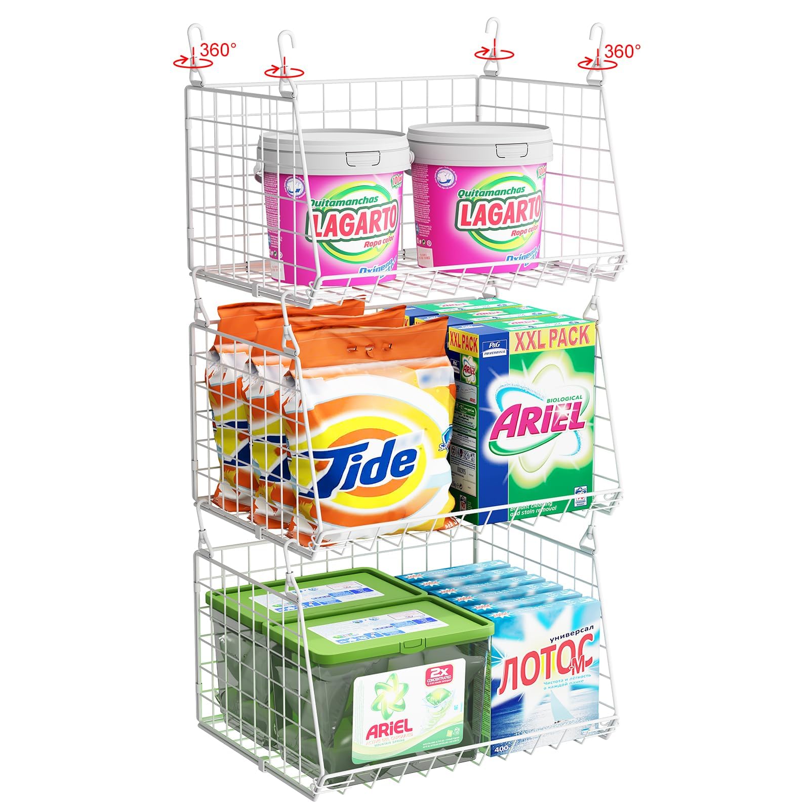 3-Tier Foldable Hanging Laundry Basket Organizer - Space Saving 360° Rotating Hooks for Washer & Dryer - White Wire Shelf Storage Solution for Clothes, Towels & Bedding - Perfect for Small Laundry Rooms & Apartments