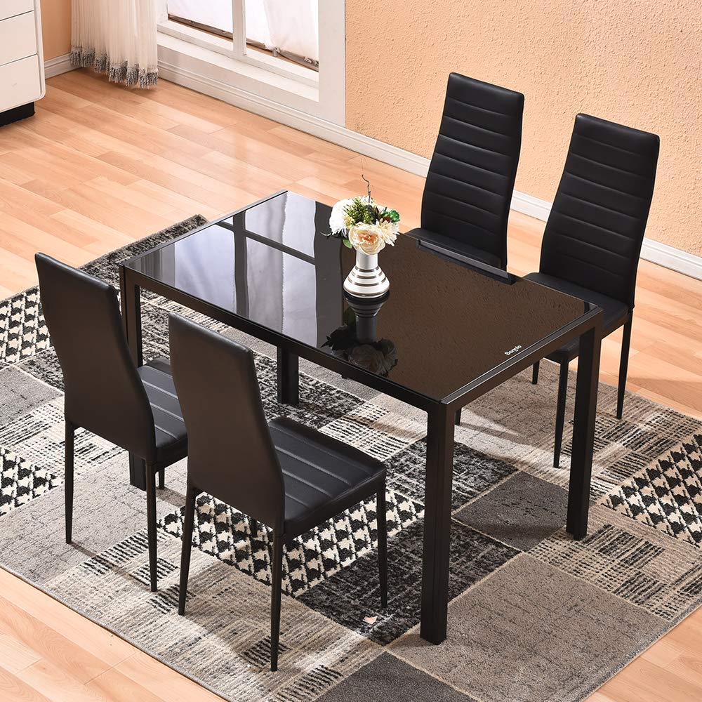 5-Piece Modern Glass Dining Table Set with Tempered Glass Top & PU Leather Chairs - Black Kitchen & Dining Room Furniture for Family Gatherings & Dinner Parties