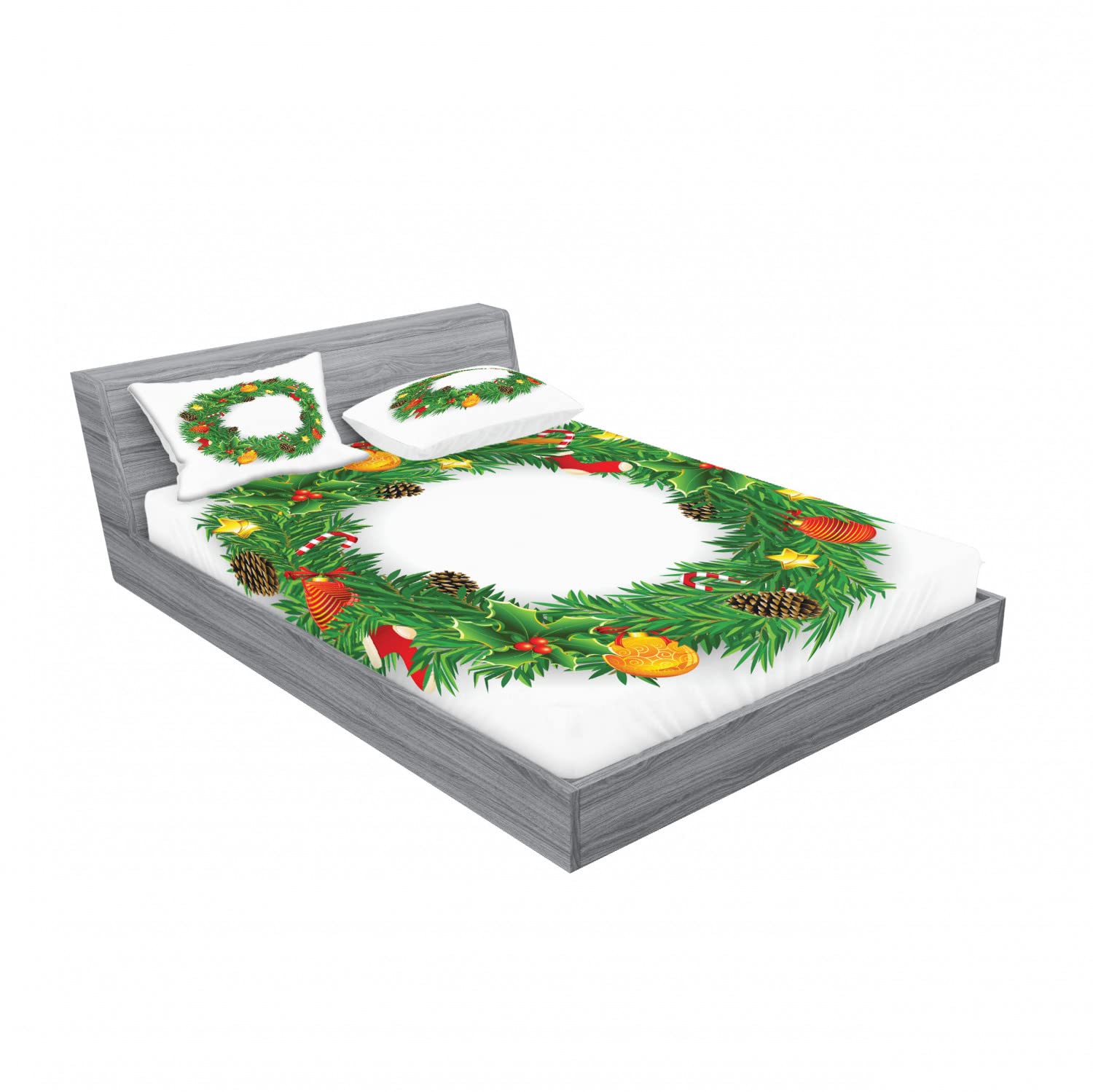 Ambesonne Christmas 2-Pack Full Size Fitted Sheet Set with 4 Pillow Shams - Evergreen Wreath Holiday Bedding Decor in Green & White - Perfect for Christmas Bedroom Decorations & Guest Room Styling