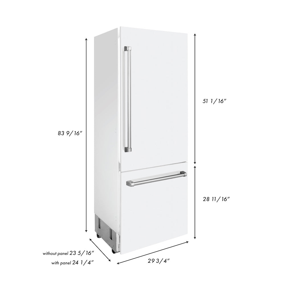 ZLINE 30 Inch 16.1 Cu Ft Built-In Bottom Freezer Refrigerator with Water Dispenser & Ice Maker - White Matte Finish | Perfect for Modern Kitchens & Open Concept Homes (RBIV WM 30)