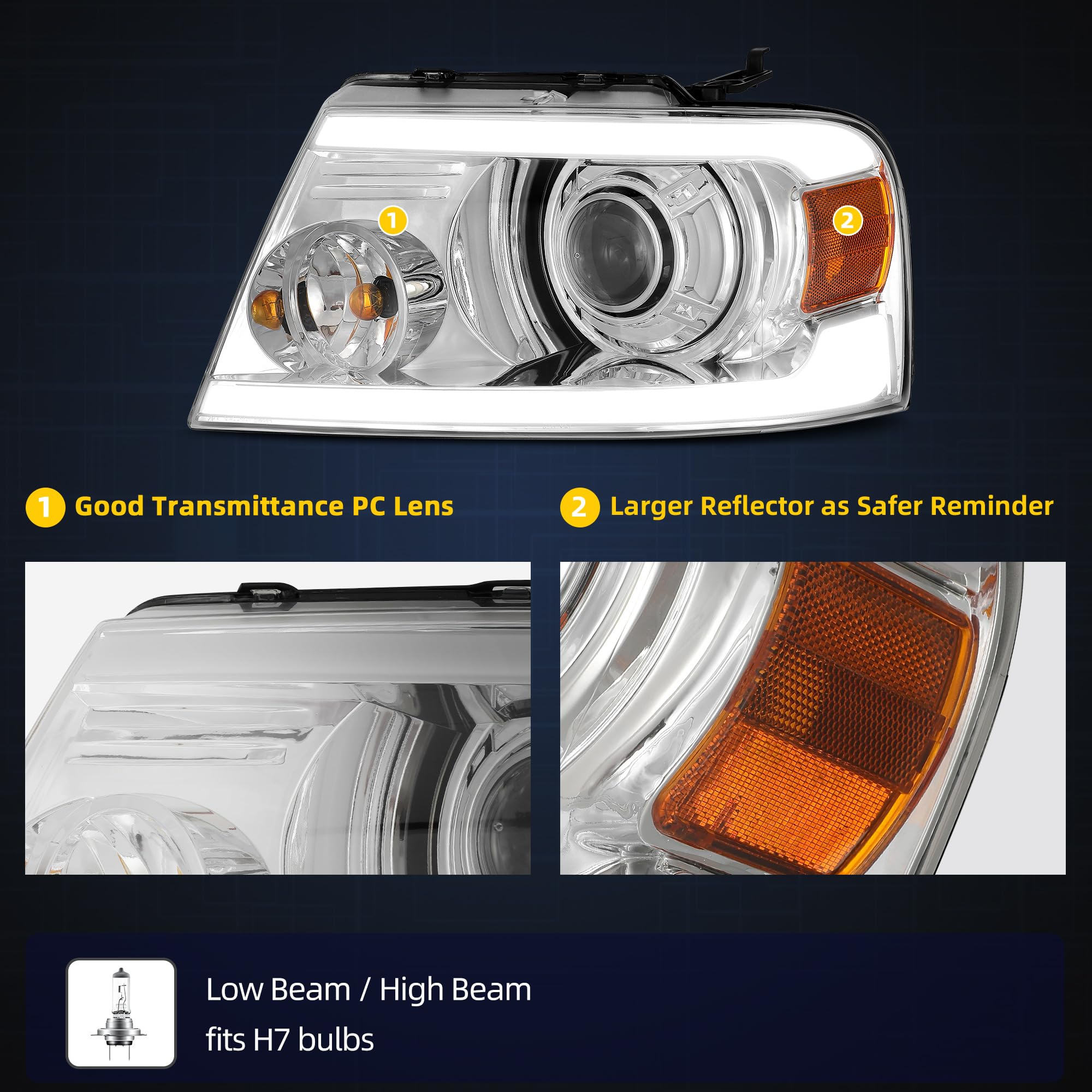 DWVO LED Headlights Assembly Compatible with 2004-2008 Ford F-150 & 2006-2008 Lincoln Mark LT - Chrome Housing with Amber Reflector, DRL - Upgrade Your Truck's Lighting for Night Driving and Off-Road Adventures