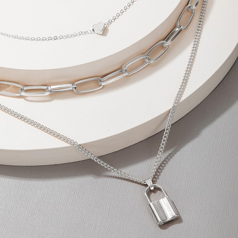 ONLYJUMP Stacked Lock Necklaces for Women - Black Lock Chains Heart Grunge Layered Necklace, Chunky Stylish Minimalist Pendant Jewelry for Casual Wear, Date Night & Gift Giving