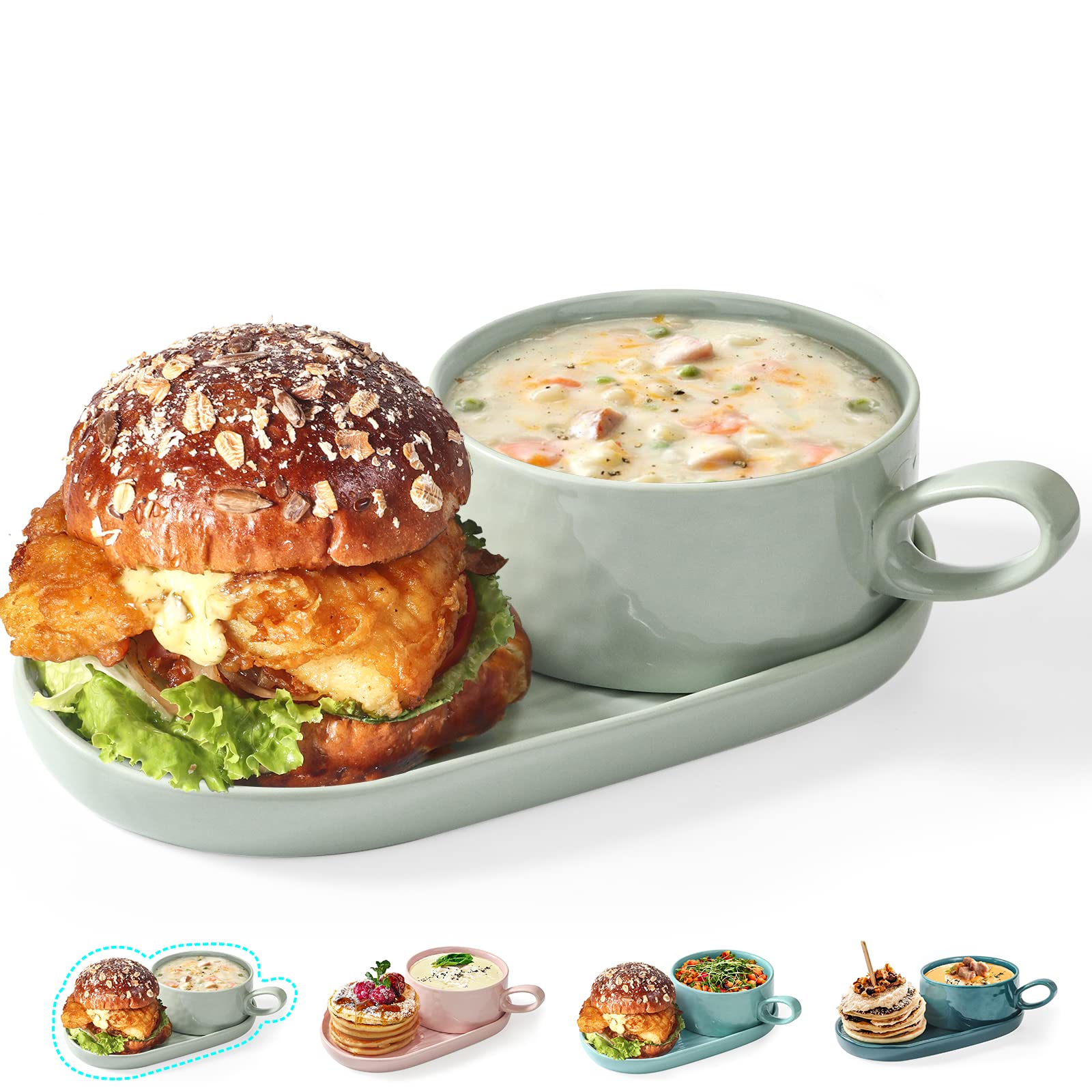 Artena 16 oz Ceramic Soup and Sandwich Plate Set - 9.85-inch Glazed Bowls with Handles, Side Plates & Bread Dipping Dishes for Breakfast, Lunch, Dinner - Mint Green Kitchen Dining Tableware for Home & Restaurant Use