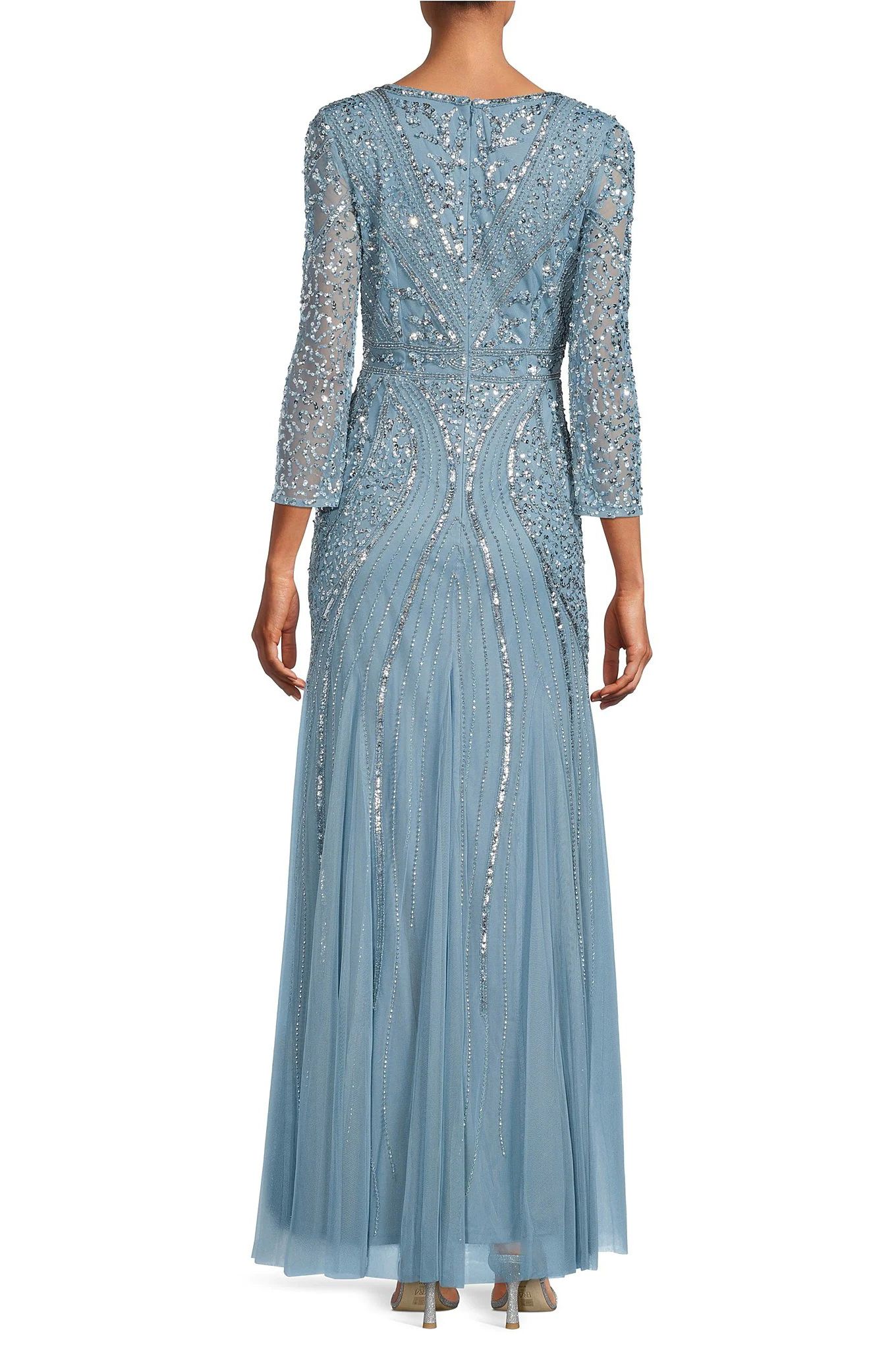 Adrianna Papell Beaded V-Neck 3/4 Sleeve A-Line Gown - Elegant Evening Dress for Prom, Wedding & Formal Events - Air Sky Blue