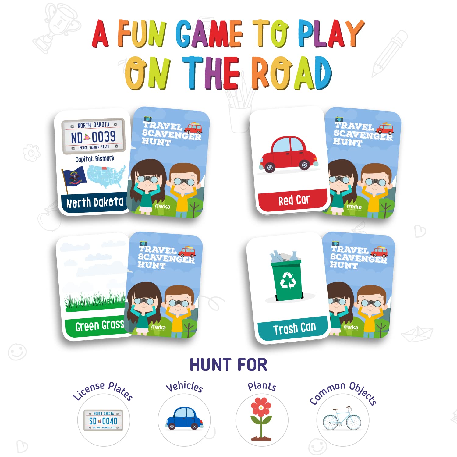 Merka Kids Travel Activity Set - 96 Fun Road Trip Flashcards for License Plate Game & Scavenger Hunt | Perfect for Family Car Rides, Vacation Entertainment & Long Distance Travel with Children