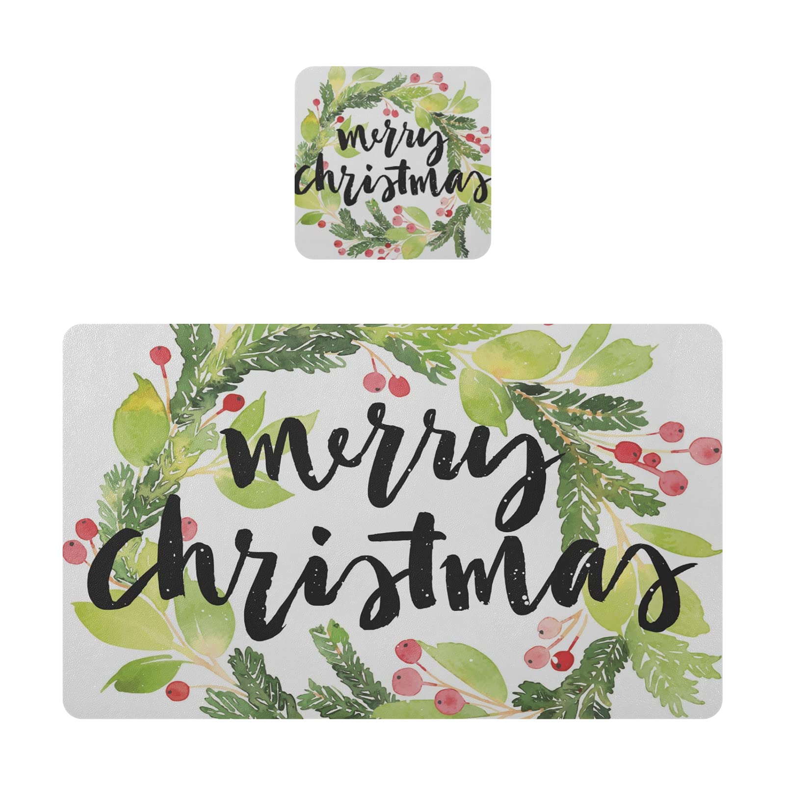 Premium Faux Leather Placemats and Coasters Set of 2 - Christmas Wreath Design, Waterproof & Washable Table Mats for Dining Room Decor - Perfect for Holiday Dinners, Parties, and Festive Home Decor