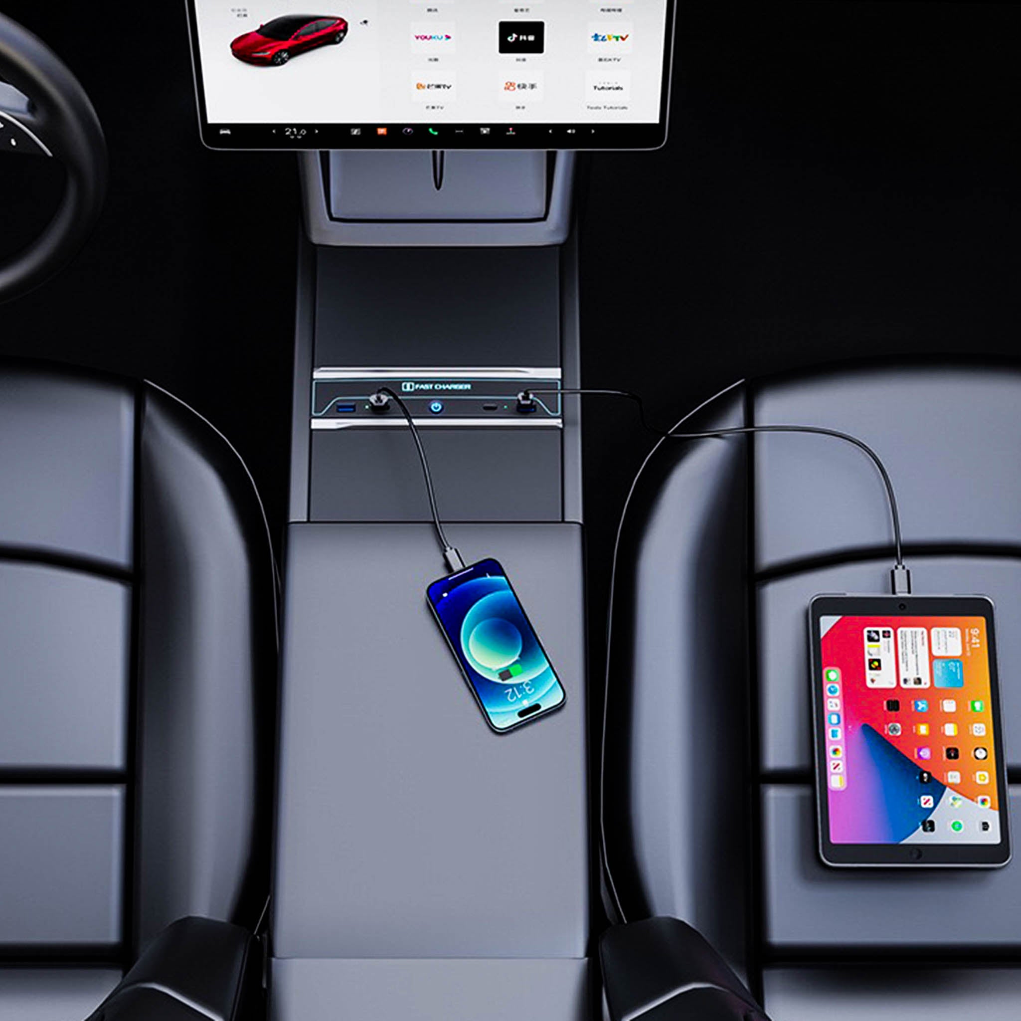 2024 Tesla Model 3 Premium Center Console USB Hub - 27W Fast Charging & 7-Color Ambient Lighting - Perfect for Road Trips & Night Driving