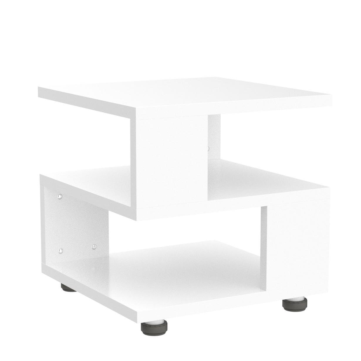 Modern White Nightstand with 2-Tier Rectangular Hollow Design - MASAKA B&W Magic Cube Bedside Table for Contemporary Bedrooms - Irregular Shape Fashionable Night Stand for Living Room, Bedroom, or Office