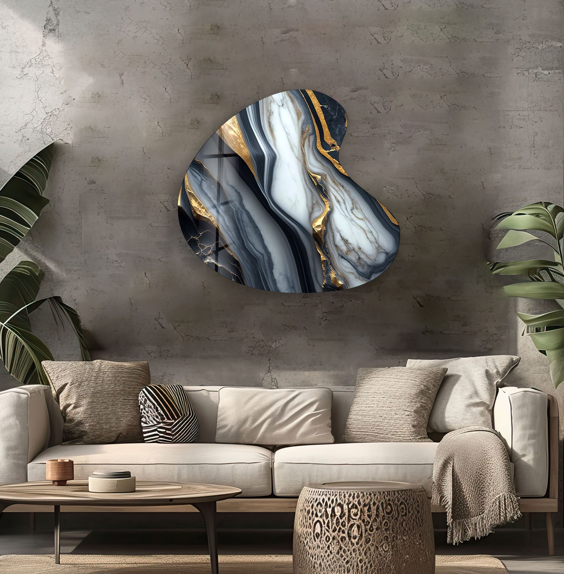 Black and White Marble Irregular Glass Wall Art - Modern Abstract Home Decor for Living Room, Bedroom, or Office