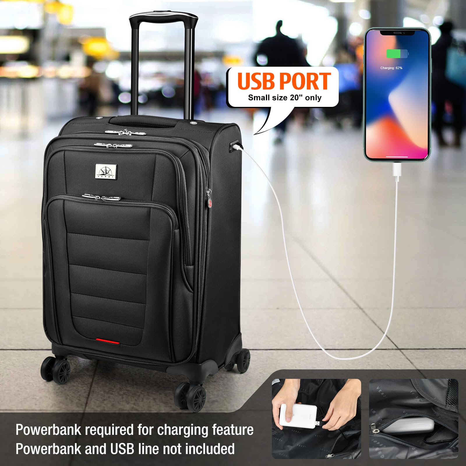 Verdi 20-Inch Expandable Softside Carry-On Luggage with Spinner Wheels & USB Port - Lightweight Black Suitcase for Travel, Business Trips & Weekend Getaways