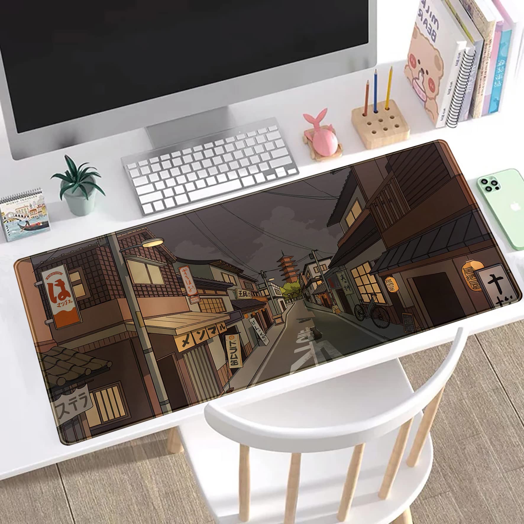 Tokyo Street at Night Kawaii Anime Gaming Mousepad & Keyboard Mat - XXL 31.5''x15.7'' for PC, Laptop, Office & Gaming Setup - Cute Japanese Style Desk Accessory