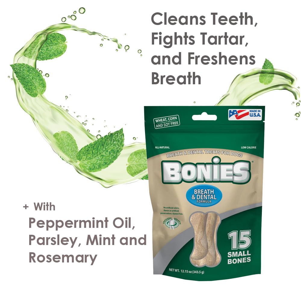 Bonies Natural Breath & Dental Chews for Small Dogs - All-Natural Chicken Flavor Dental Bones, Freshens Breath, Cleans Teeth, Low-Calorie Treat (15 Count) - Perfect for Daily Oral Care & Training Rewards
