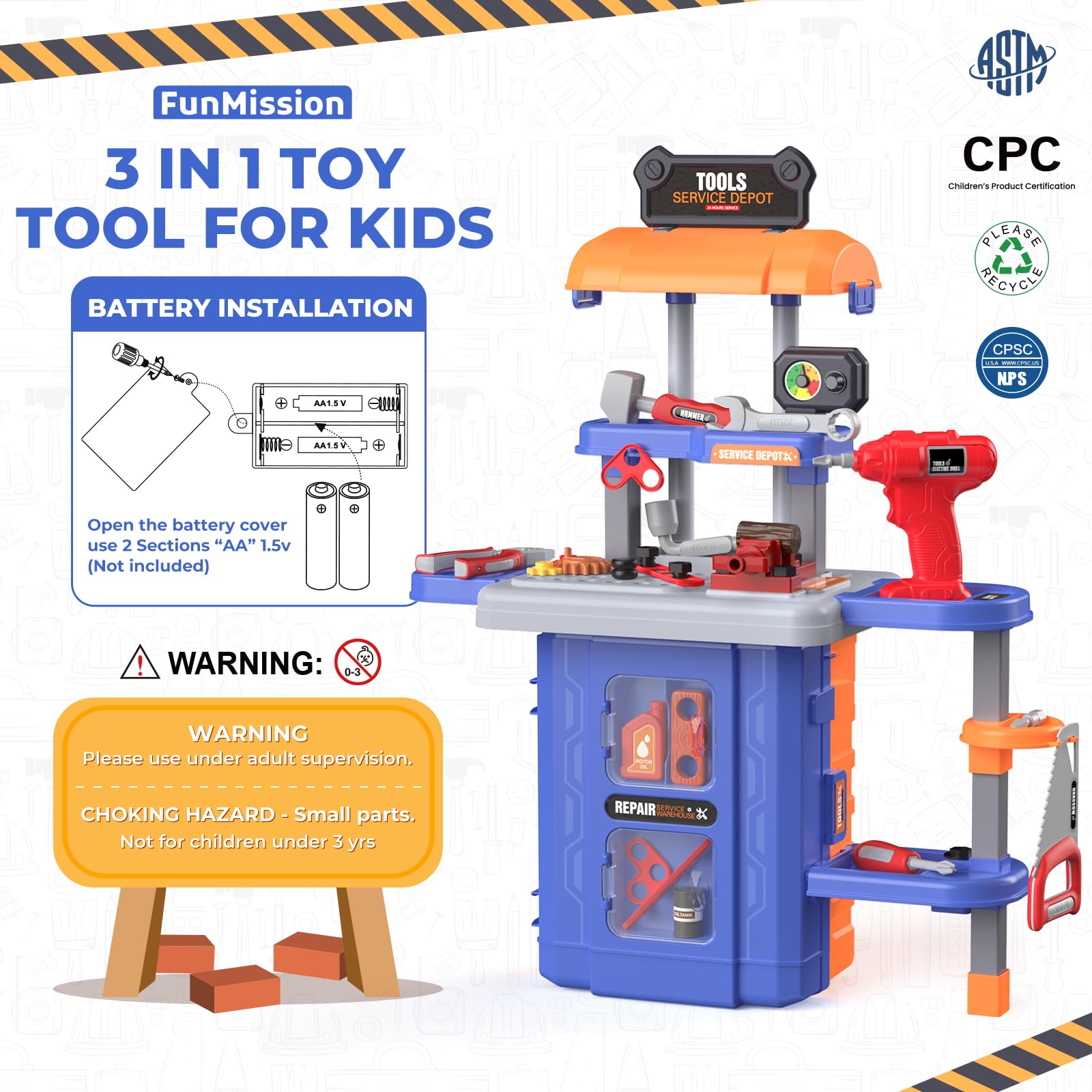 3-in-1 Kids Tool Bench Set with Realistic Toy Tool Box & Electronic Drill - Transformable Toddler Workbench Toy for Ages 3+ | Perfect for Pretend Play, DIY Projects & Early STEM Learning