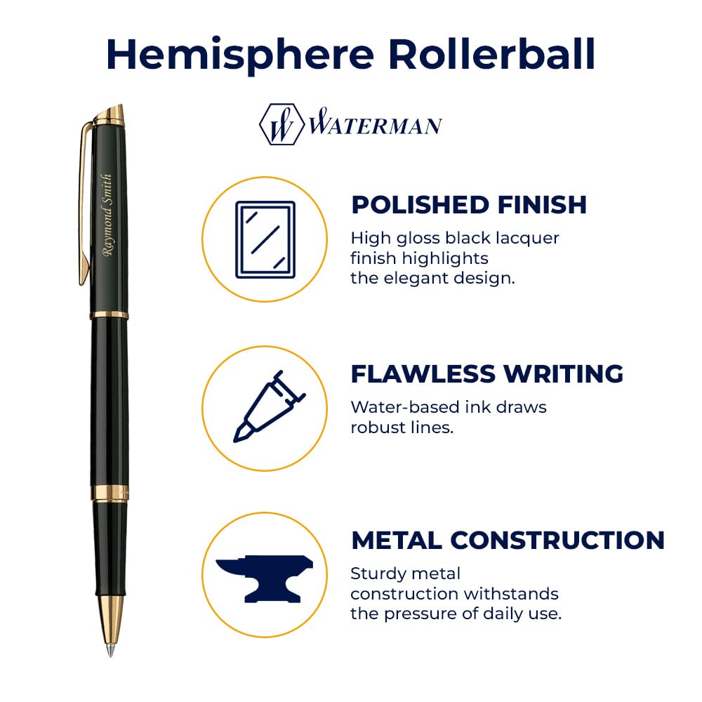 Personalized Waterman Hemisphere Black & Gold Rollerball Pen - Custom Engraved Gift for Friends, Family & Colleagues | Luxury Writing Instrument for Business, Graduation & Special Occasions