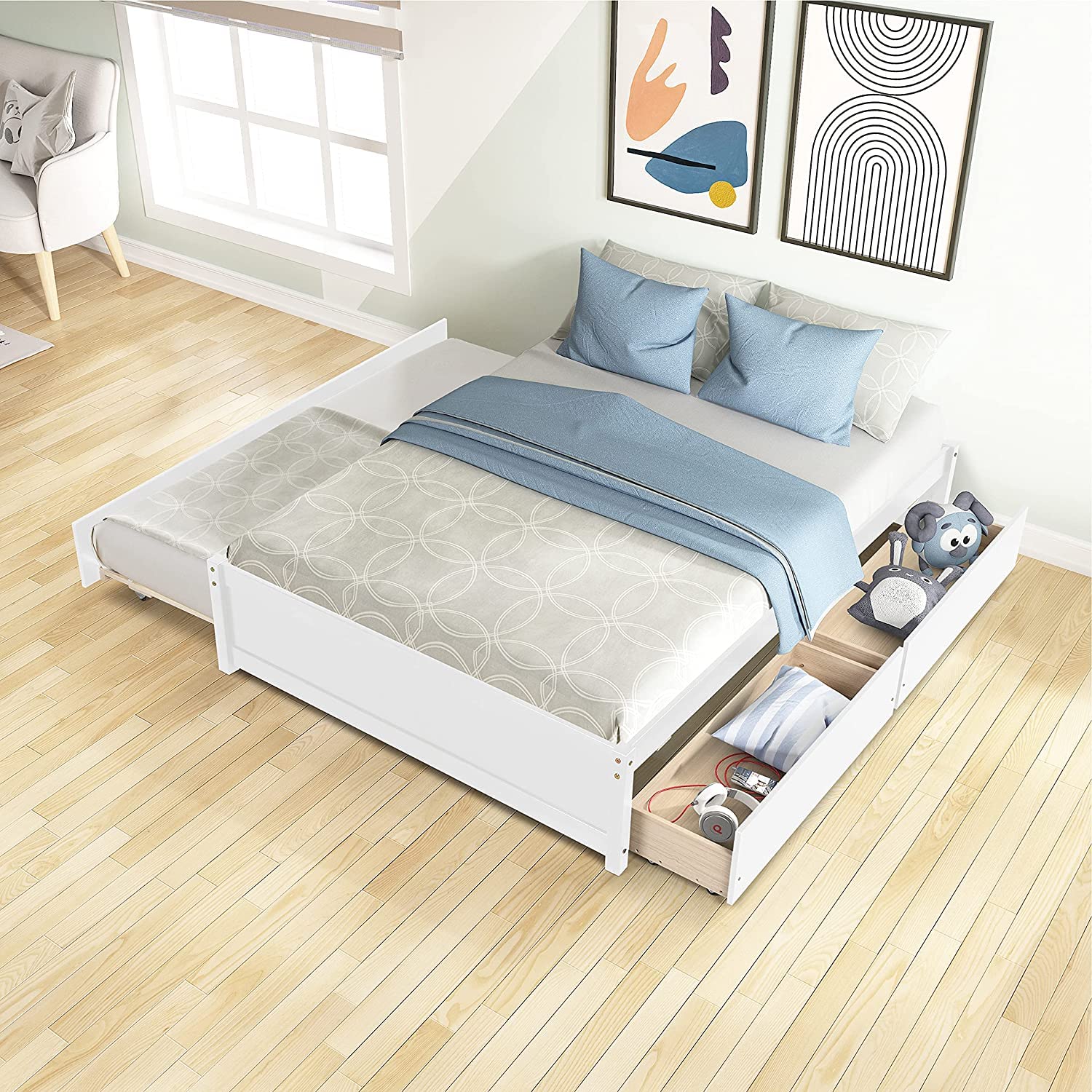 Rophefx Solid Wood Full Size Platform Bed with Twin Trundle & 2 Drawers - Kids Bedroom Furniture for Small Spaces, Guest Room & Sleepovers (White)