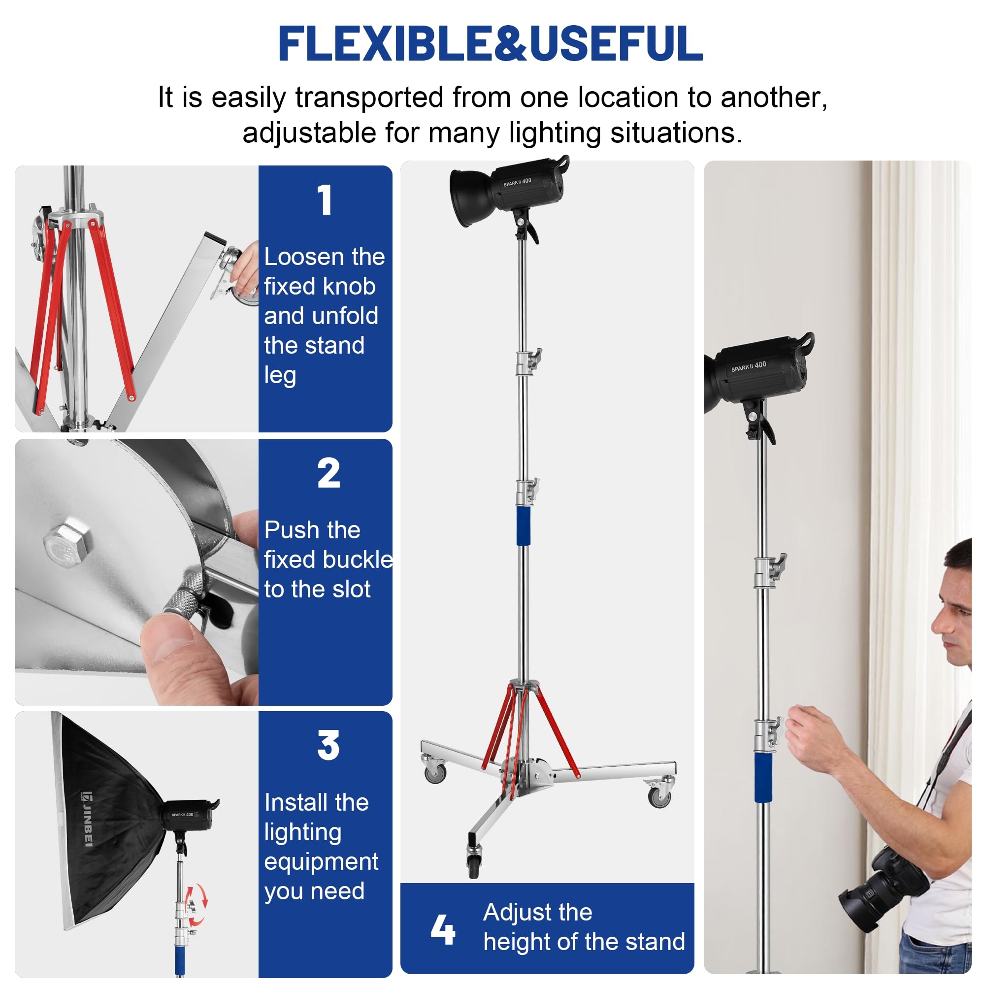 Heavy Duty Adjustable C Stand with Wheels - 10ft/305cm Stainless Steel Photography Light Stand for Studio Monolight, Softbox & Reflector - Perfect for Photo Studios, Film Sets & Video Production